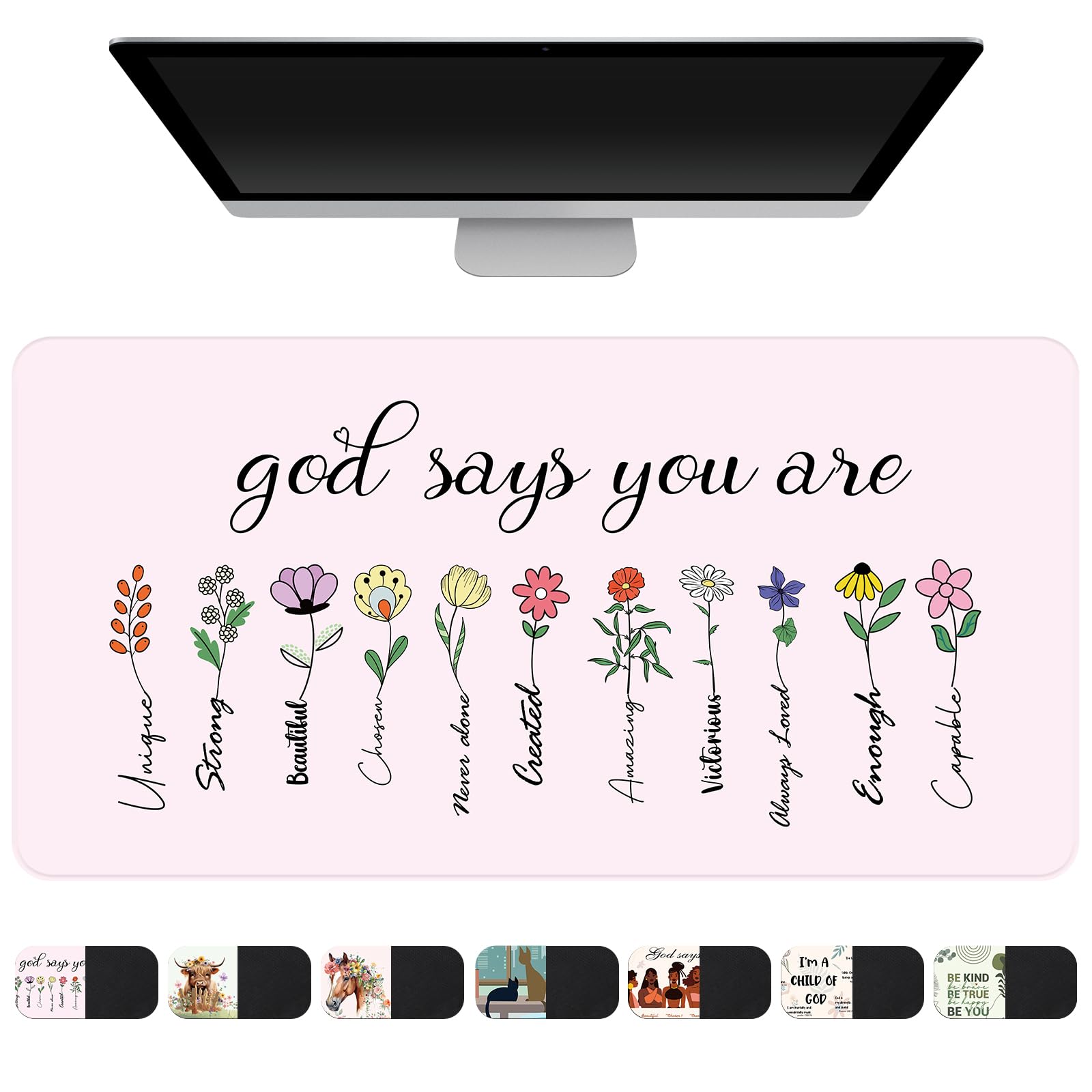AFRITEE Bible Verse Desk Mat - Pink Flower Christian Gaming Mouse Pad for Office & Gifts