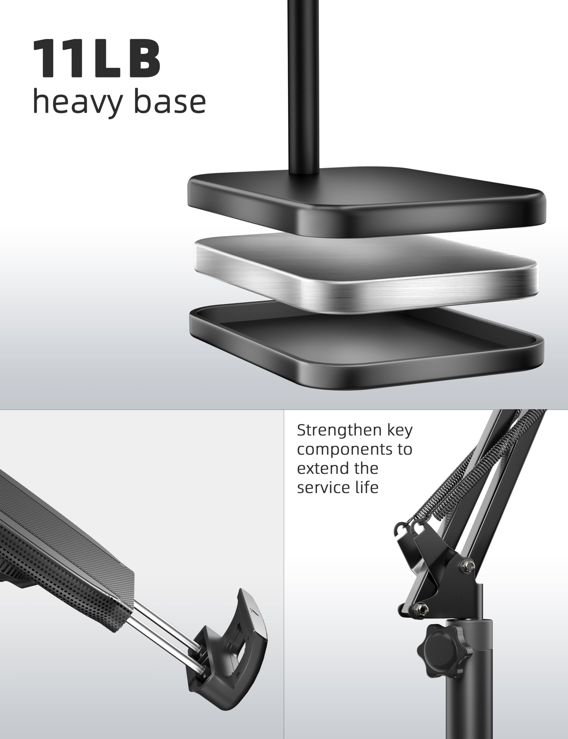 Adjustable Tablet Floor Stand with Heavy-Duty 11lb Base - Swivel & Height-Adjustable Arm Holder for iPad Pro/Air/Mini, Kindle, Galaxy Tab & Smartphones (4.7-13 inch) - Perfect for Home Office, Bedroom Reading & Hands-Free Video Calls