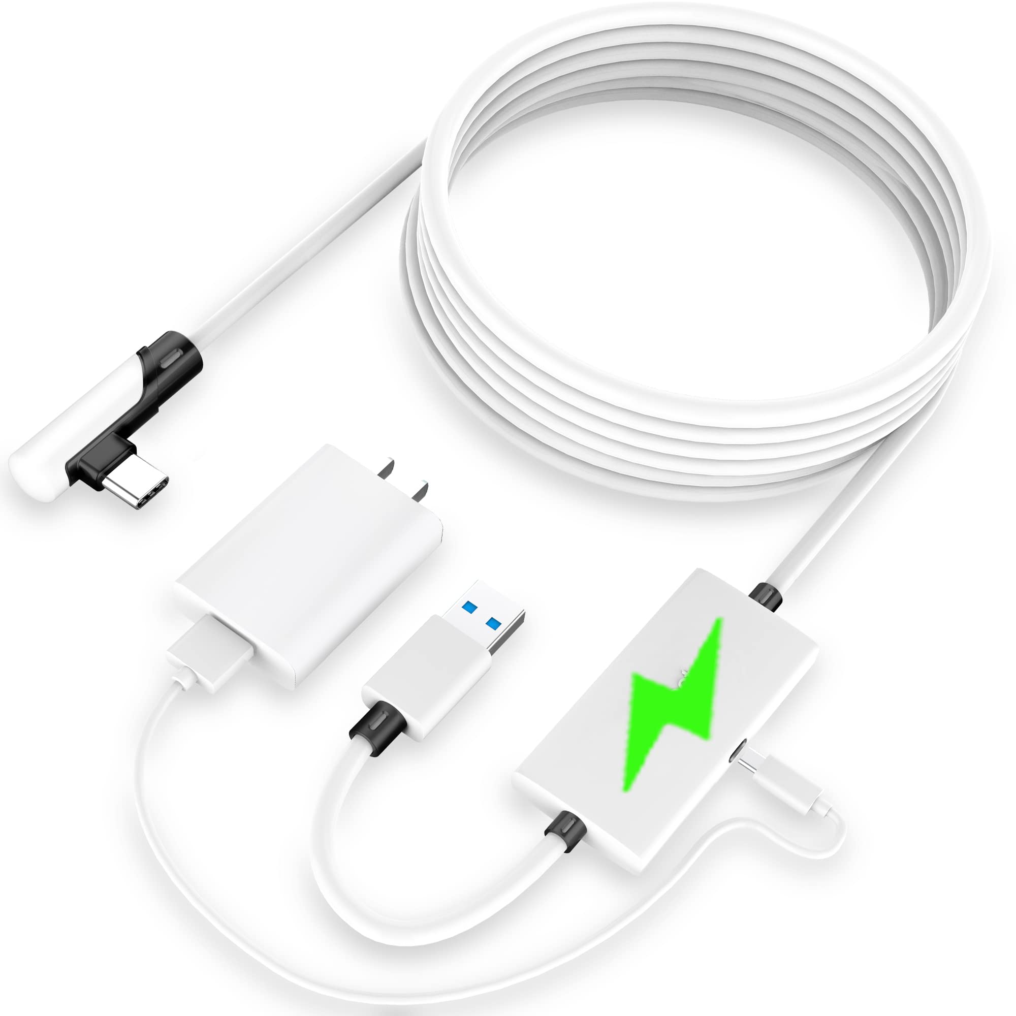 Kuject 16FT USB 3.0 Type A to C Link Cable for Meta Quest 3S/3, Quest 2 & Quest Pro VR Headset - Separate Charging Port for Continuous Power - White | Perfect for VR Gaming, PC Connectivity & Uninterrupted Play Sessions