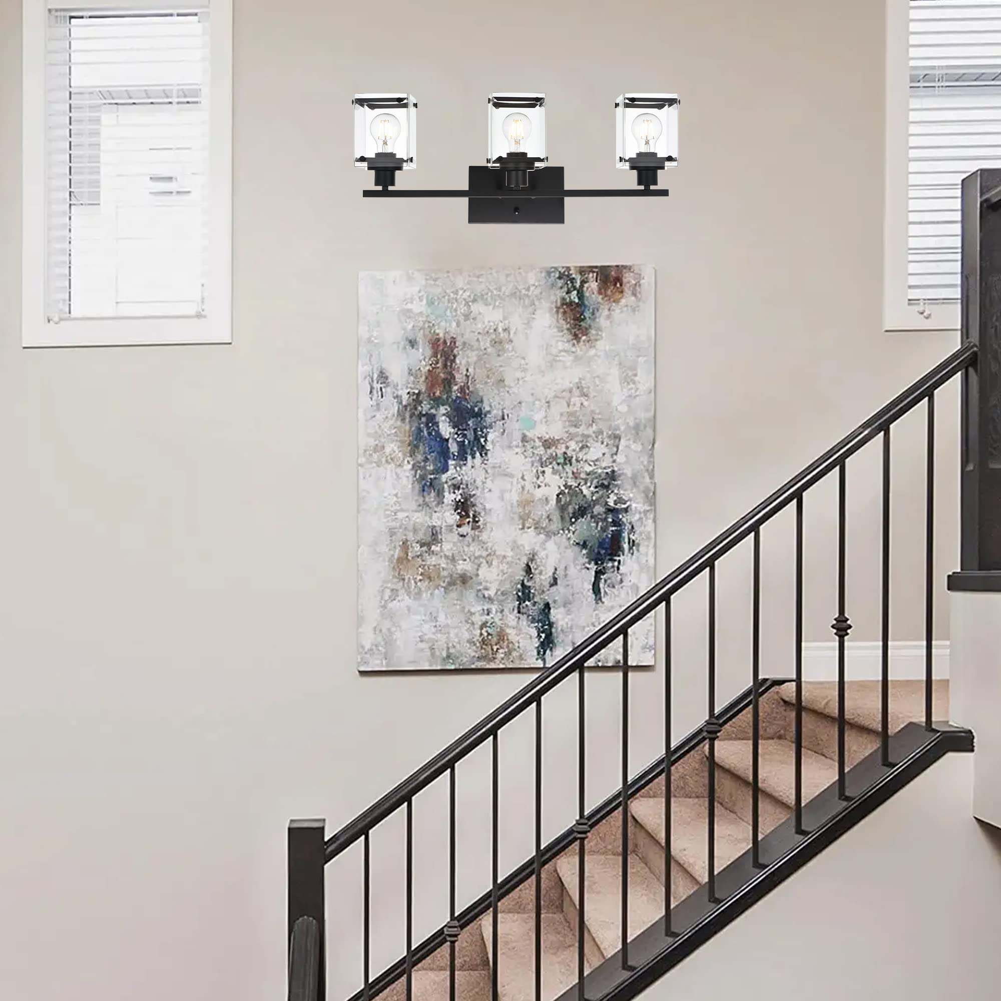 MELUCEE 3-Light Modern Black Bathroom Vanity Lighting Fixture with Clear Rectangular Glass - Wall Mount Mirror Lights for Bathroom, Powder Room & Bedroom - Perfect for Makeup, Shaving & Ambient Lighting