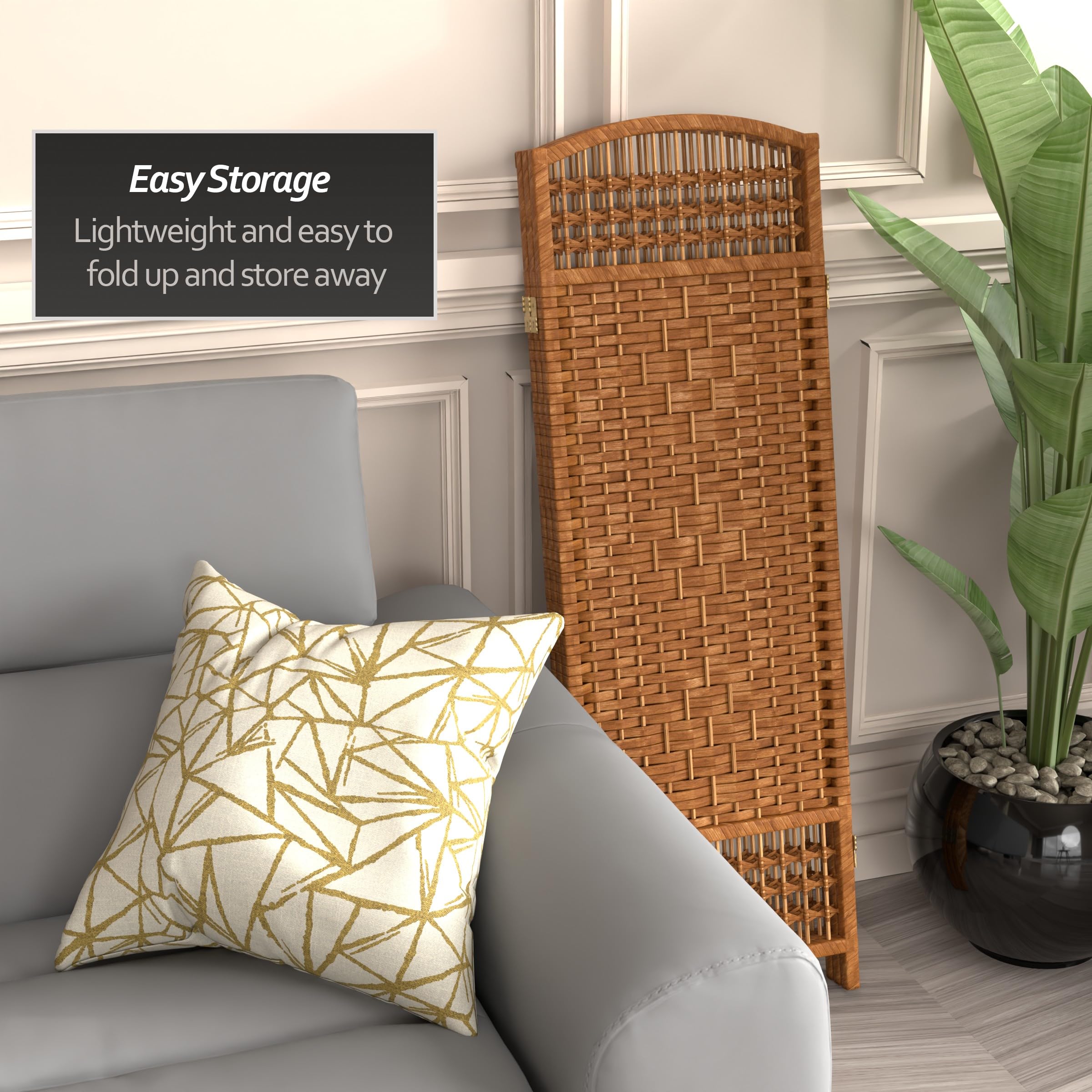 4 ft. Dark Beige Short Fiber Weave Folding Room Divider - 3 Panel Privacy Screen for Home, Office, or Event Decor - Portable Partition for Living Room, Bedroom, and Studio Spaces