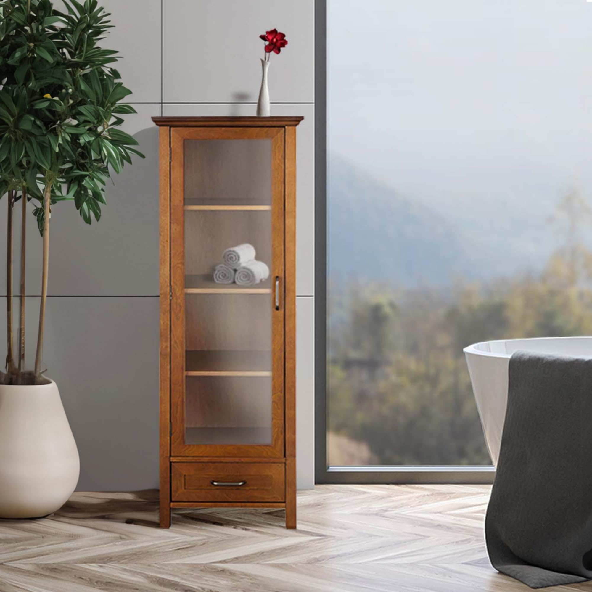 Teamson Home Avery Linen Tower - Tall Slim Narrow Wooden Bathroom Storage Cabinet with Glass Panel Door, 4 Tiered Shelves & 1 Drawer in Oil Oak Finish | Space-Saving Organizer for Bathroom Essentials, Towels & Toiletries