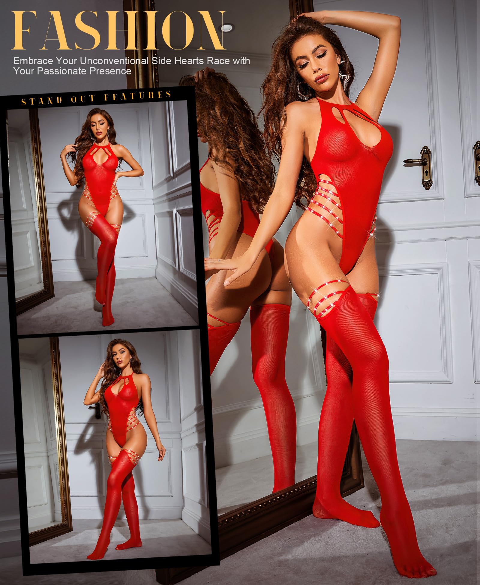 Sexy Lingerie Set for Women - Fishnet Bodystocking with Sparkle Rhinestones & Thigh High Stockings | Exotic Mesh Bodysuit for Valentine's Day, Boudoir Photography & Romantic Nights