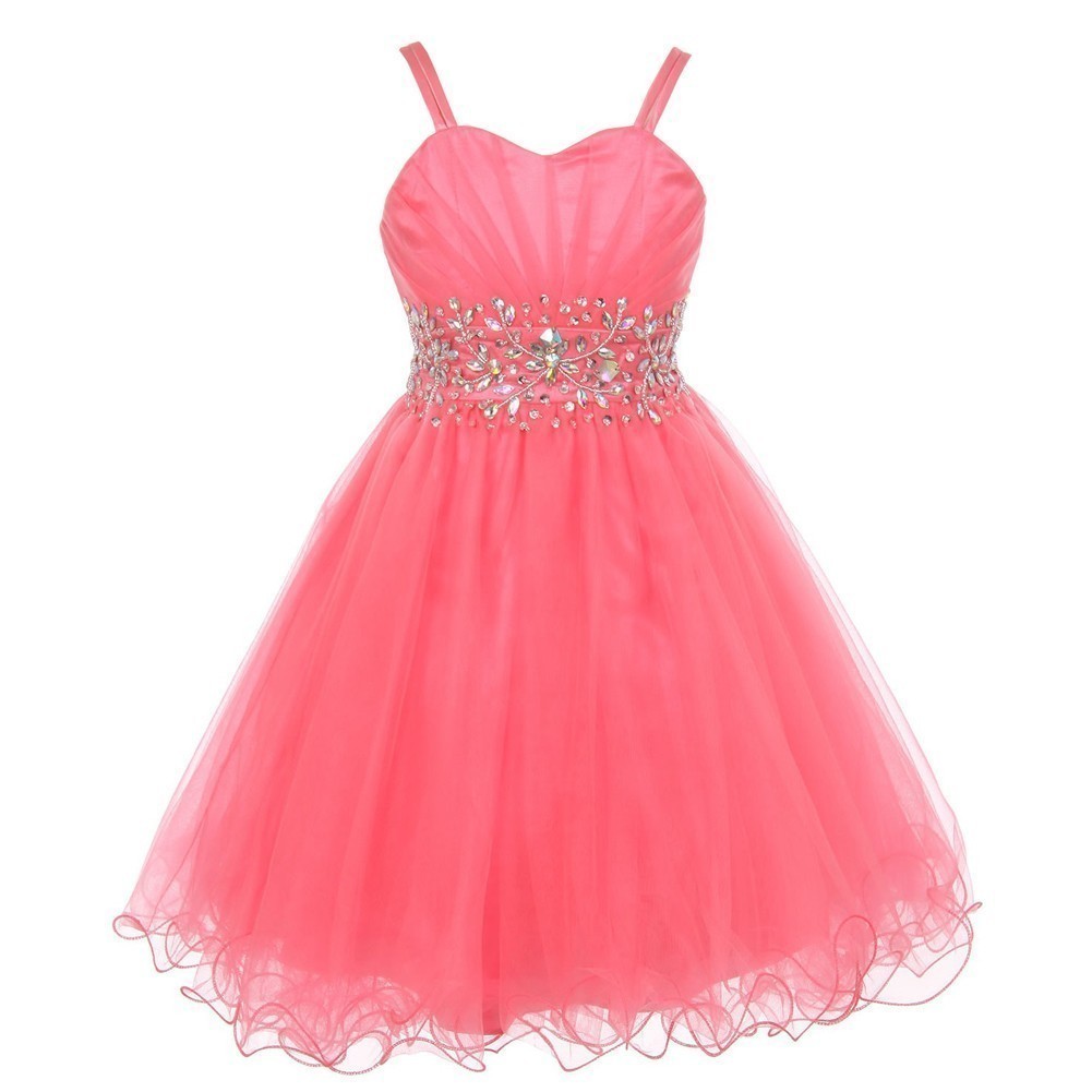 Elegant Coral Stone Embellished Pleated Tulle Junior Bridesmaid Dress for Big Girls Size 8-16 | Perfect for Weddings, Prom, and Formal Occasions