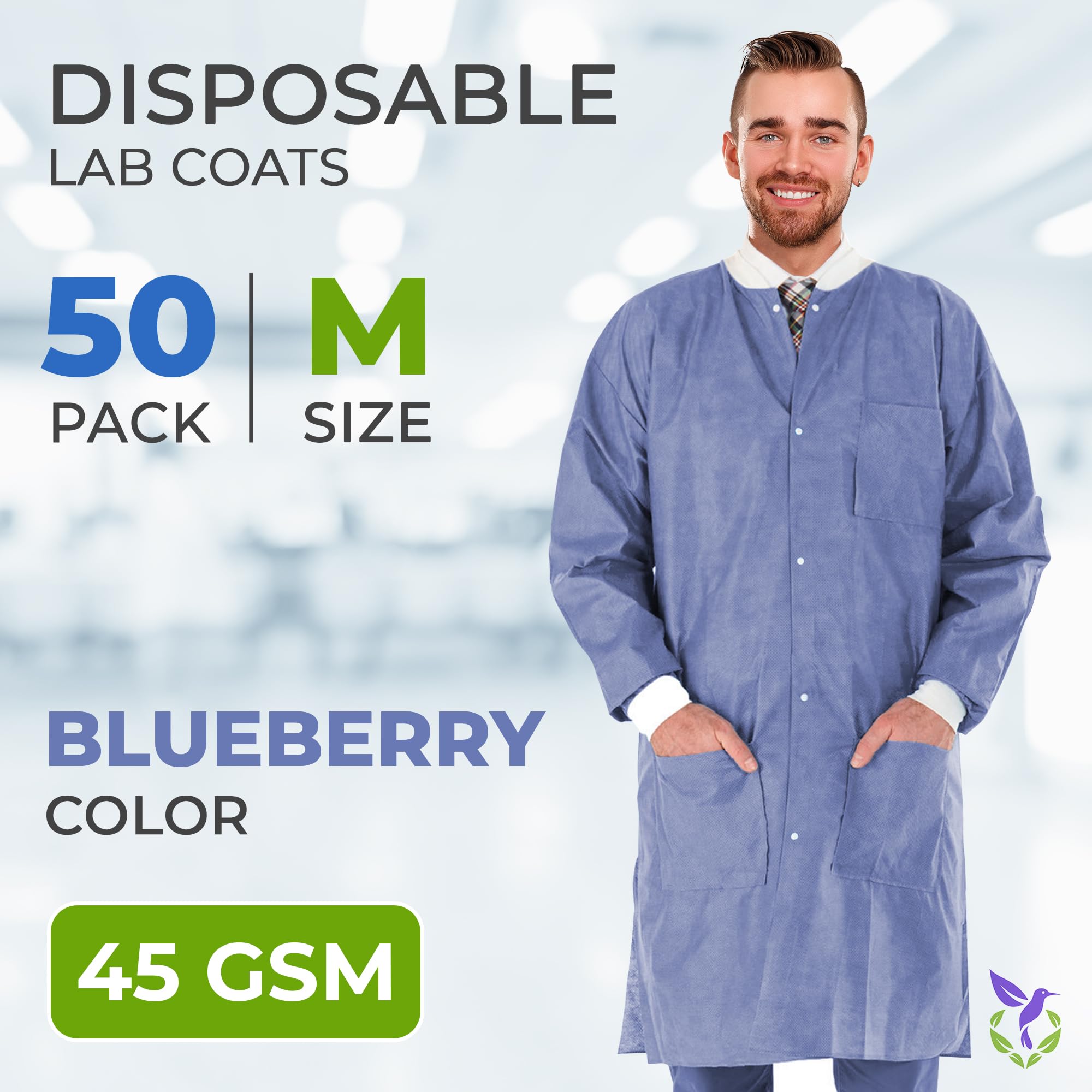 AMZ Disposable Lab Coats for Adults - Medium Size, Pack of 50 - Blueberry SMS Knee-Length Medical Lab Coats (45 GSM) with Cuffs, Knit Collar & 3 Pockets - Ideal for Medical, Dental, Painting & Laboratory Use