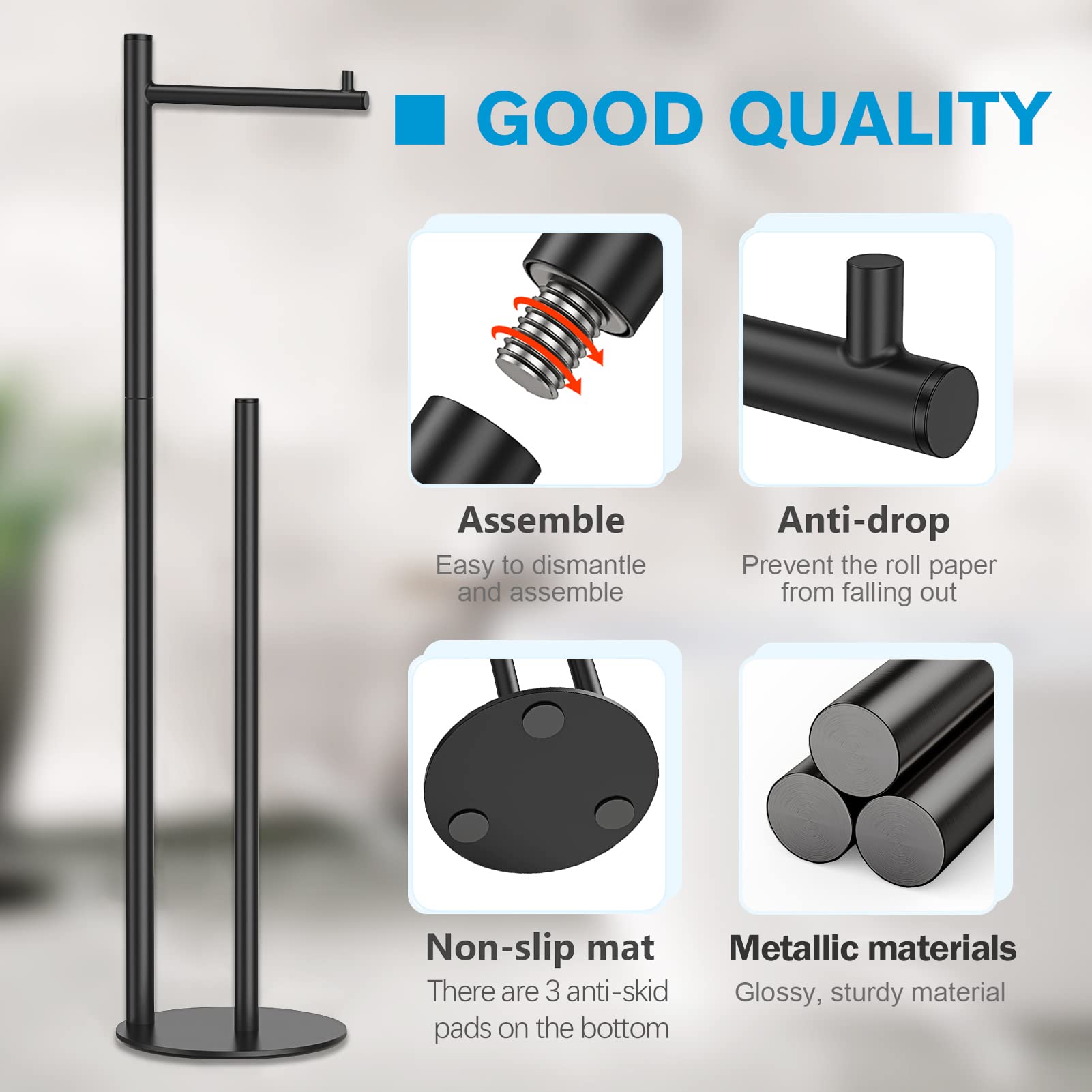 Free Standing Toilet Paper Holder Stand with Storage - Black Bathroom Tissue Dispenser | Space-Saving Design for Small Bathrooms, Powder Rooms & RVs