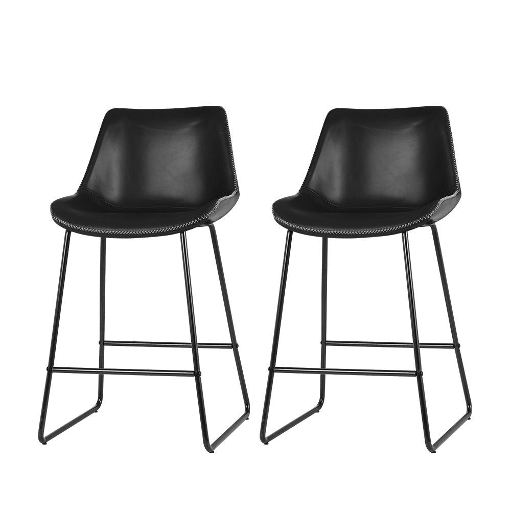 2 Black Leather & Metal Bar Stools for Kitchen Counter - Modern Dining & Breakfast Nook Seating