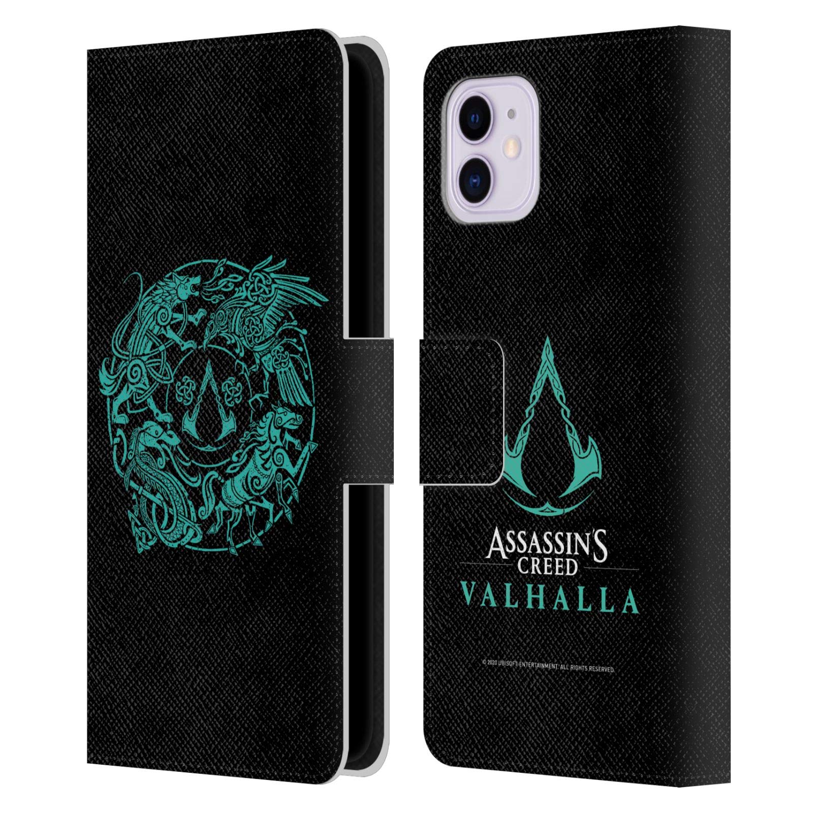 Officially Licensed Assassin's Creed Valhalla Leather Wallet Case for iPhone 11 - Viking Pattern Book Cover with Animal Crest | Perfect for Gaming Fans & Daily Use