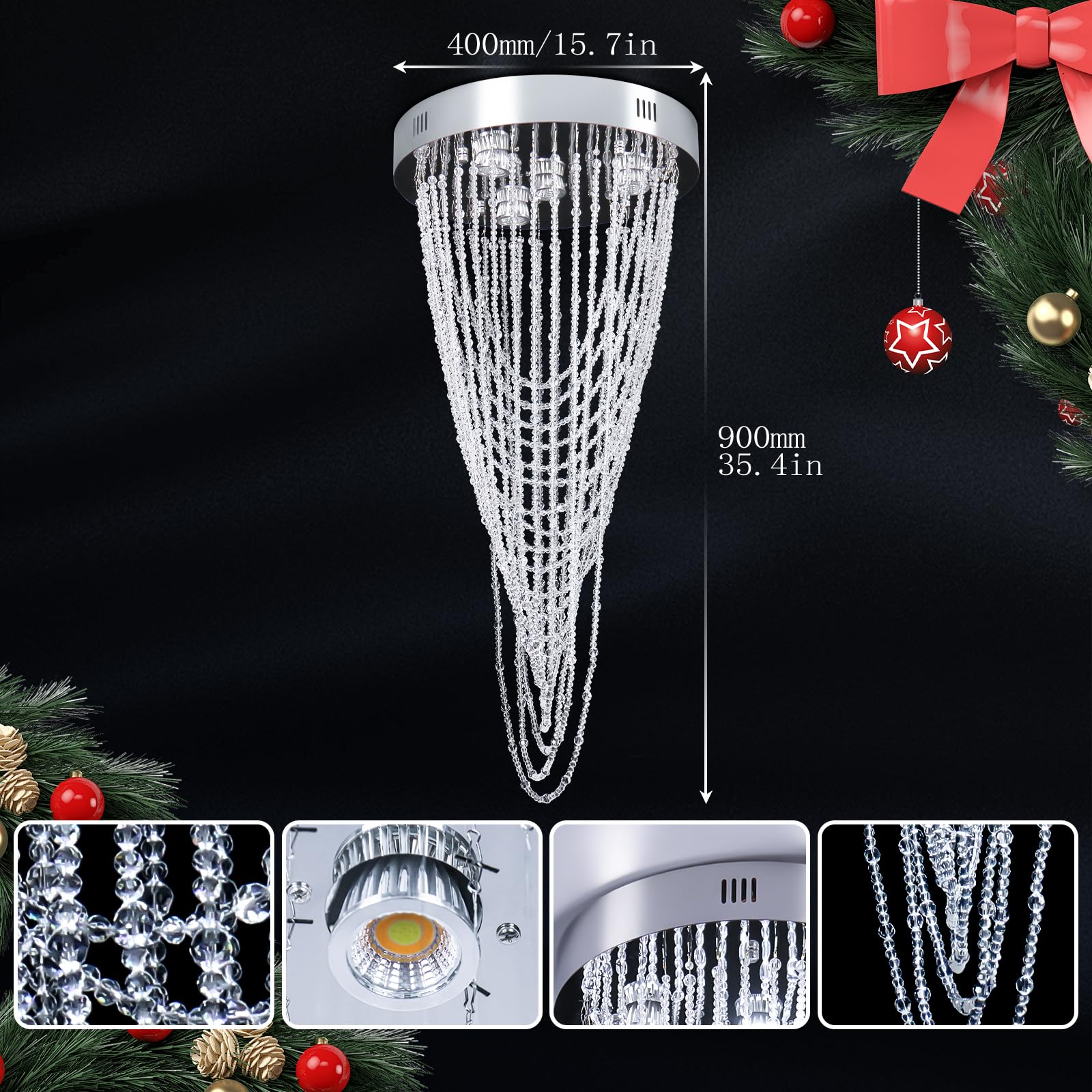 Modern Crystal Chandelier Flush Mount Ceiling Light - 4 GU10 LED Pendant Lighting Fixture for Dining Room, Bedroom & Living Room (15.7