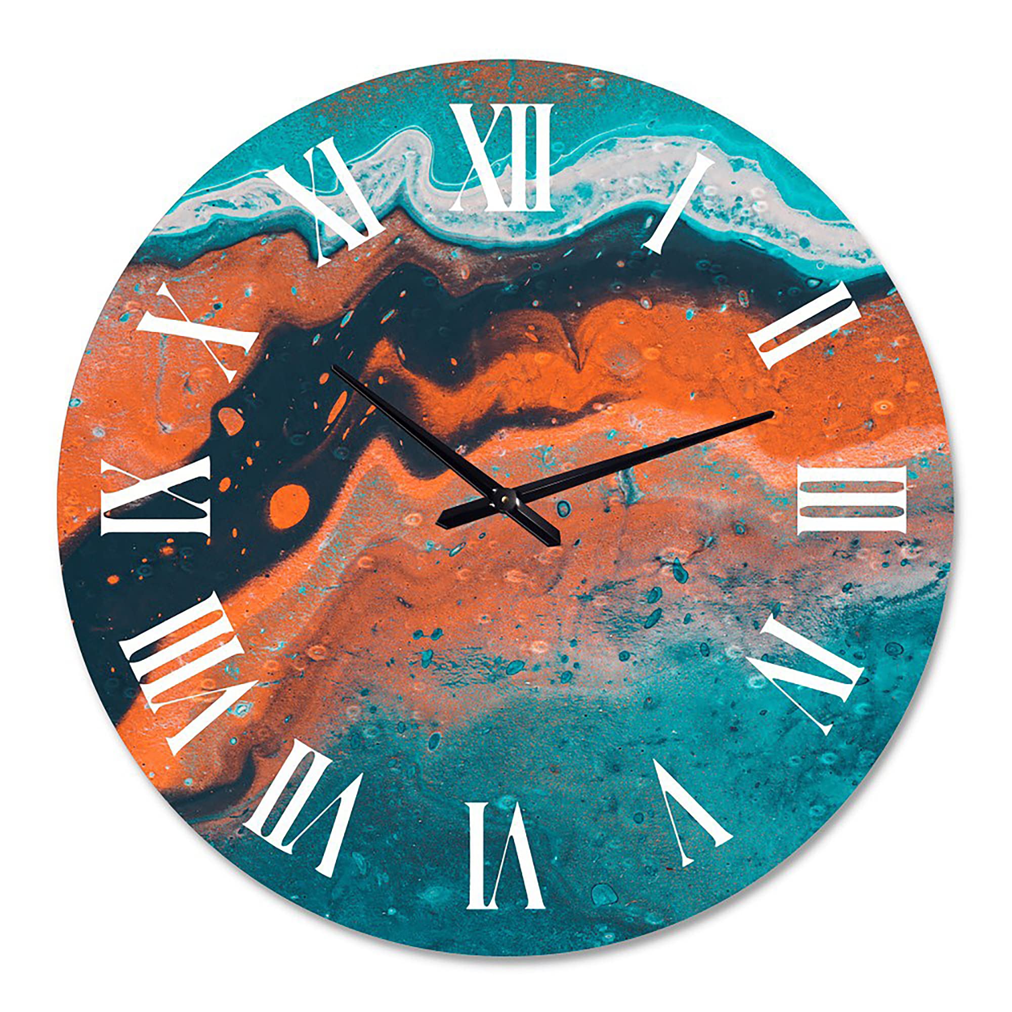 Abstract Marble Wall Clock - Modern Blue & Orange Fractal Design for Home & Office Decor | Large Contemporary Art Clock for Living Room, Bedroom, or Workspace