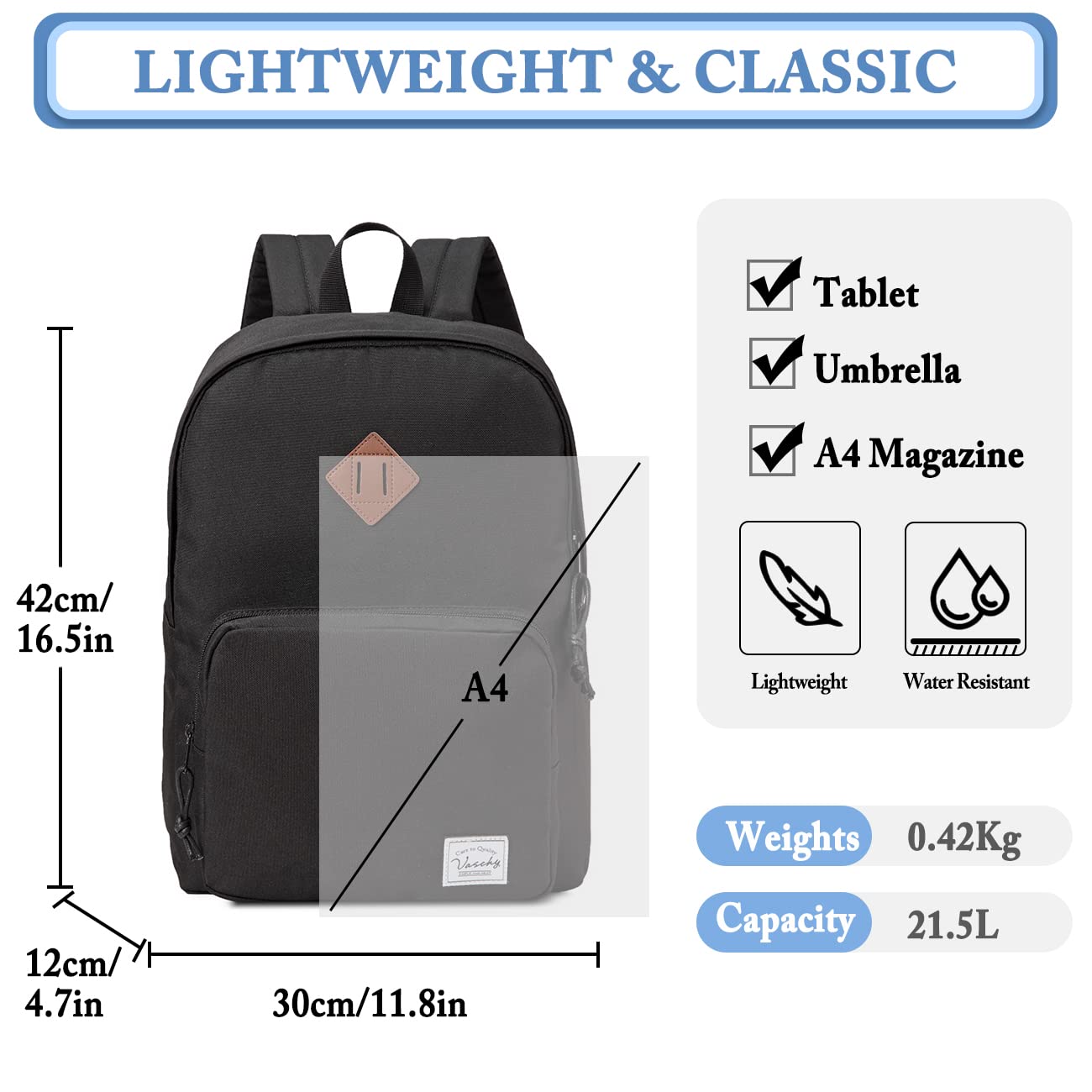 VASCHY Ultra Lightweight School Backpack for Men, Women, Teens & Kids - Durable Bookbag for College, High School & Travel - Black (Perfect for Students, Commuters & Everyday Use)
