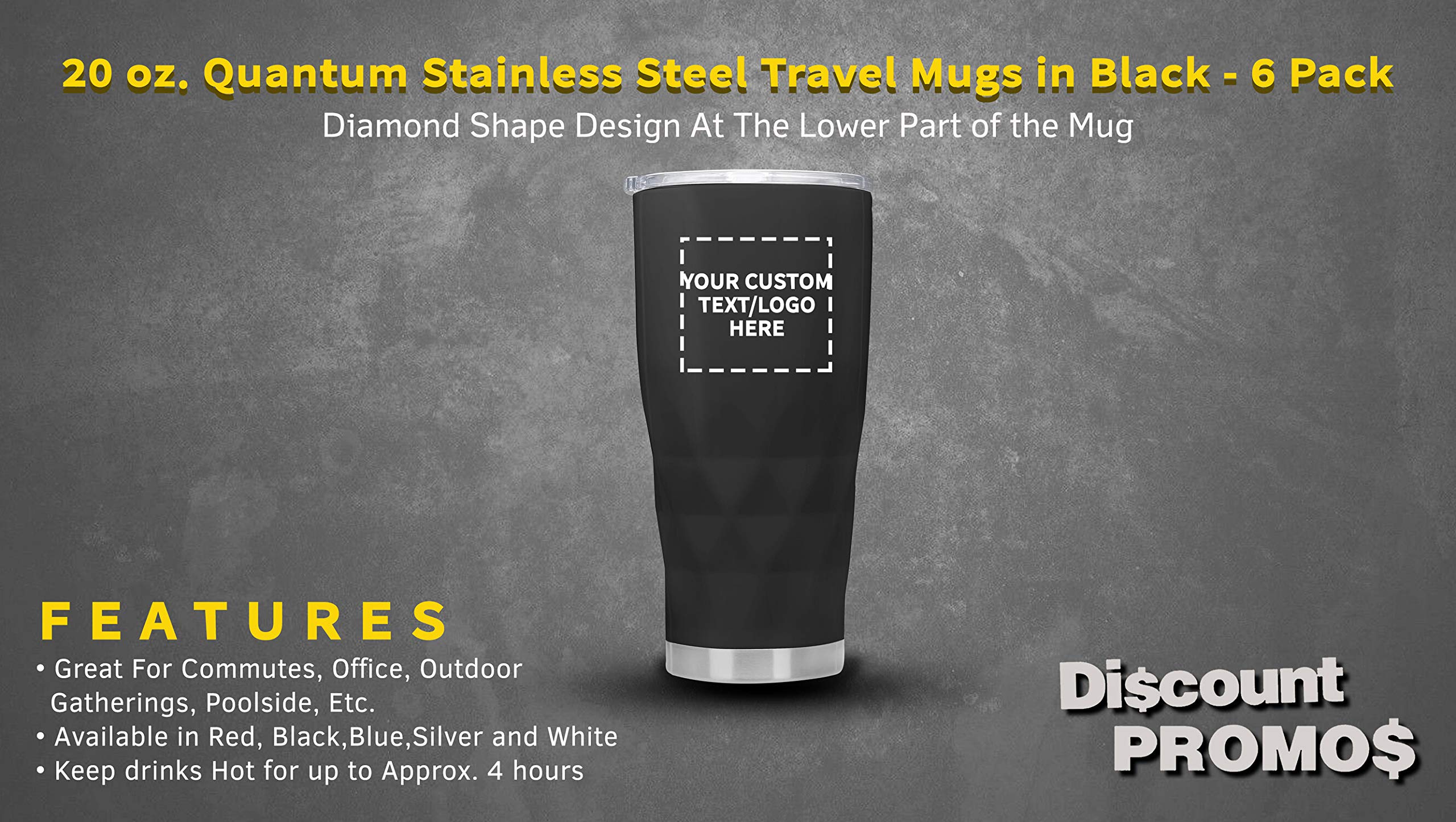 Custom 20 oz Quantum Stainless Steel Travel Mugs - 6 Pack with Personalized Text & Logo - Black - Perfect for Corporate Gifts, Office Use & Outdoor Adventures