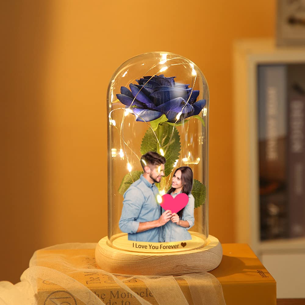 Custom Photo Text Red Silk Eternal Rose in Glass Dome with LED Light & Wood Base - Valentine's Day Home Decor, Anniversary Gift for Wife, Romantic Preserved Flower for Wedding Centerpiece & Bedroom Decoration