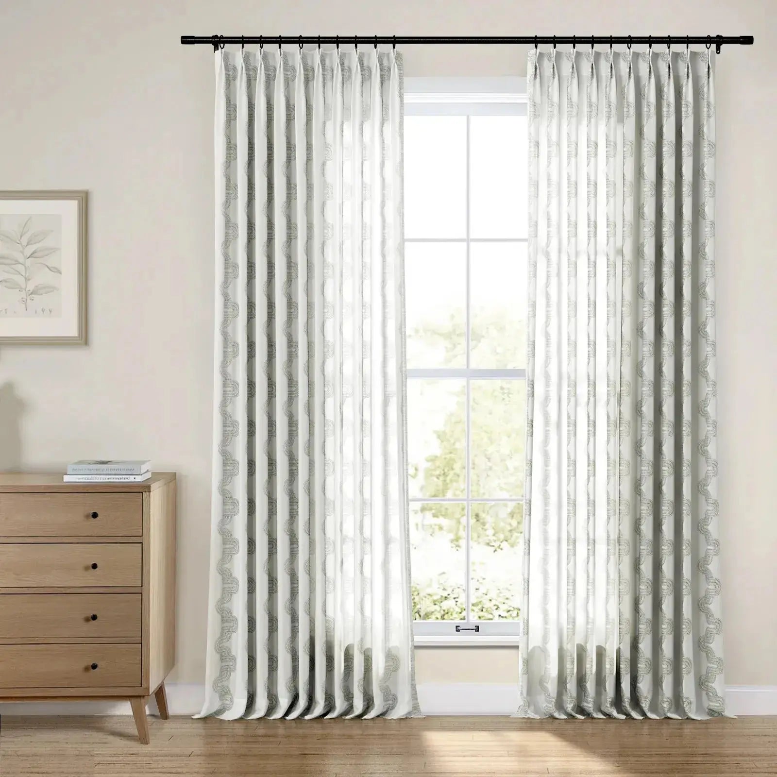 Linnea Linen Cotton Embroidered Pleated Curtains for Living Room & Bedroom - Elegant Window Treatment for Home Decor