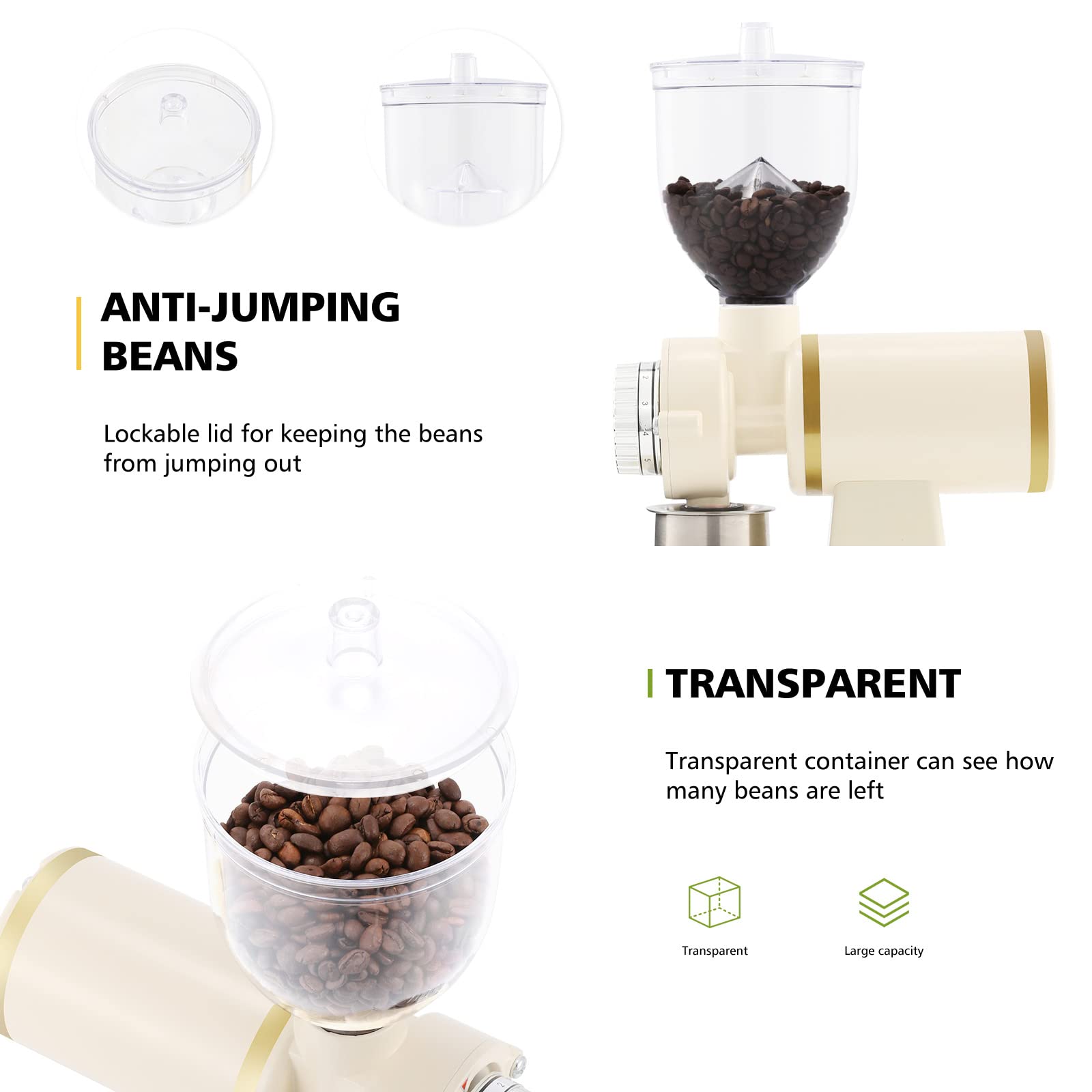 Electric Burr Coffee Grinder for Espresso - Stainless Steel with Brush, Creamy White - Perfect for Home & Office Use