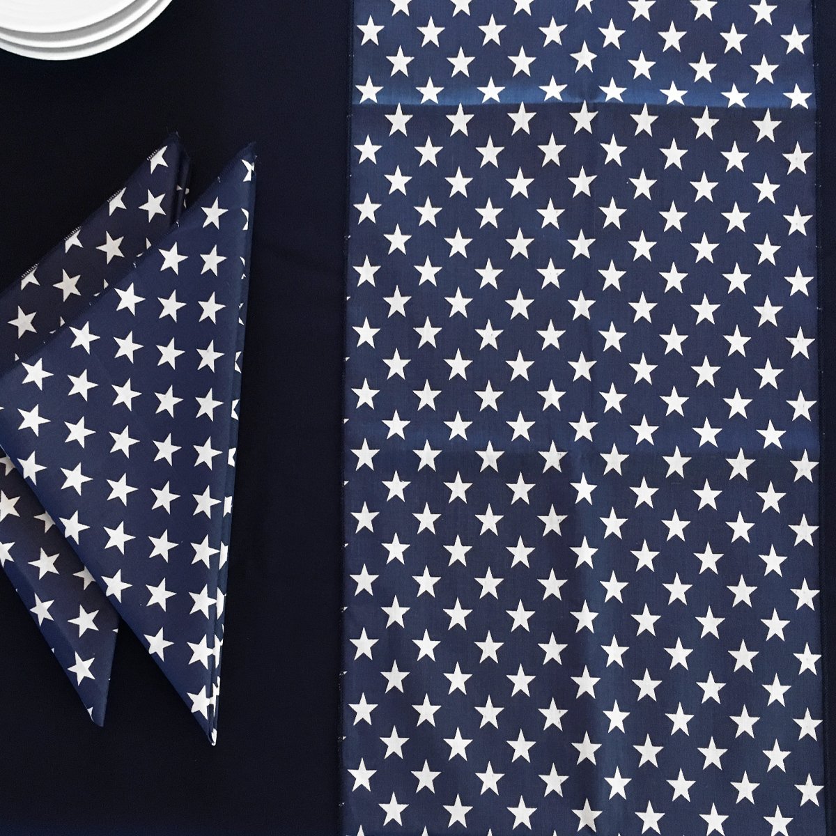 4th of July Patriotic Table Linen Set - Navy Blue Polyester Tablecloth with 10 Star Napkins & Table Runner - Perfect for Independence Day BBQs, Picnics, and Holiday Decorations