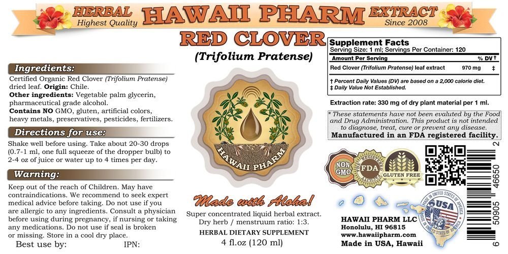 Organic Red Clover Liquid Extract (Trifolium Pratense) | HawaiiPharm Herbal Supplement Tincture | 32 fl.oz | Made in USA | Supports Women's Health & Detox | Perfect for Tea, Smoothies & Natural Wellness Routines