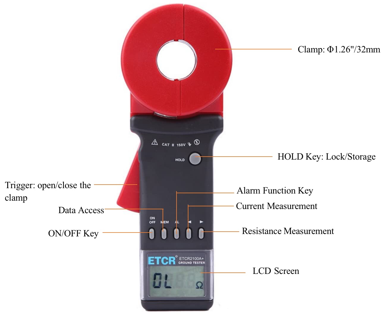 ETCR2100A+ Digital Ground Earth Resistance Clamp Meter Tester 0.01Ω-200Ω - Perfect for Electrical Maintenance, Industrial Safety Testing & Power System Monitoring
