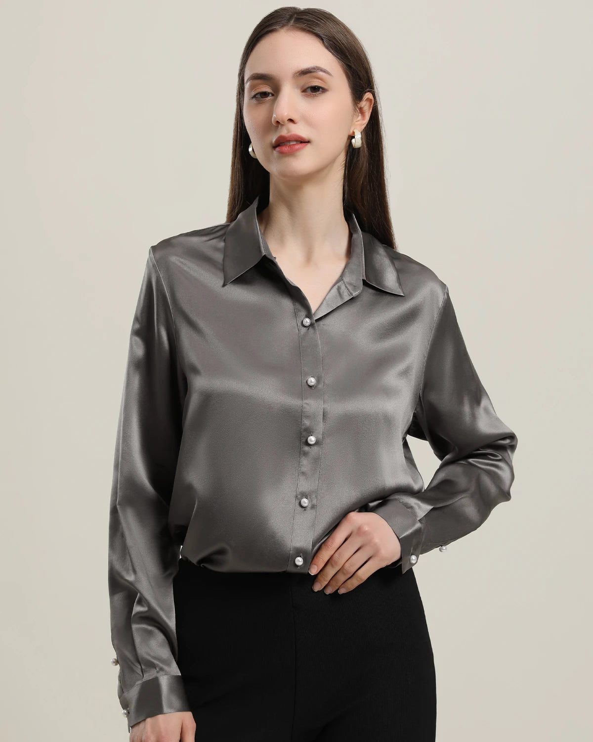 Elegant Women's Classic Pearl Button Silk Shirt - Premium Blouse for Office, Party & Formal Occasions