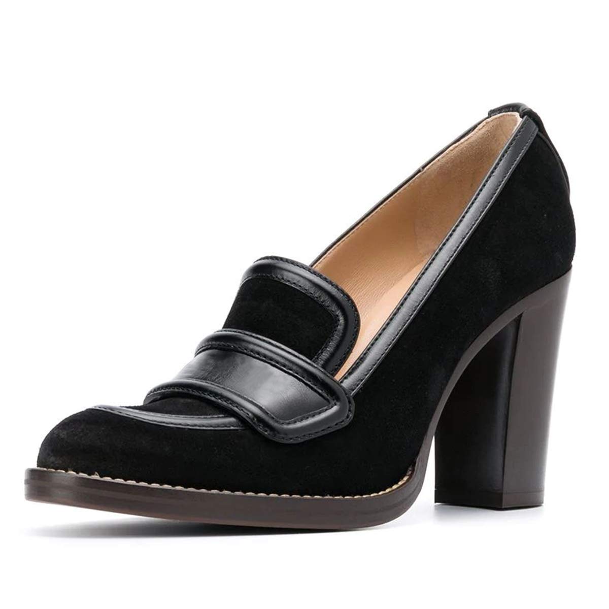 YDN Women's Chunky High Heel Oxford Loafers - Round Toe Slip On Leather Work Shoes for Office & Business (Size 4-15 M US) - Perfect for Professional Women, Business Meetings & Formal Occasions
