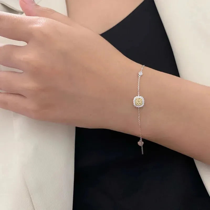 18K White Gold Bracelet with Real Natural Yellow Diamonds - Classic Square Design Fine Jewelry for Women - Perfect Gift for Birthday, Anniversary & Special Occasions