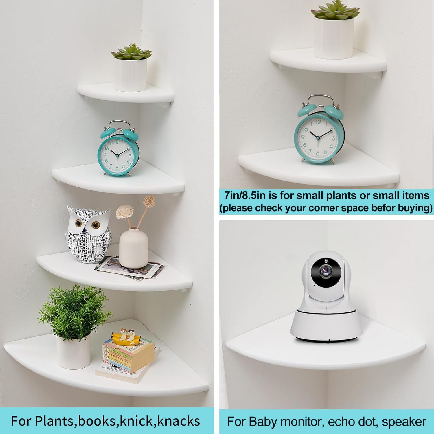 White Floating Corner Shelf Set of 2 - 10 Inch Solid Oak Wood Wall Shelves with Wire Hole - Round End Wall Mount for Small Plants - Perfect for Bedroom, Kitchen & Living Room Decor