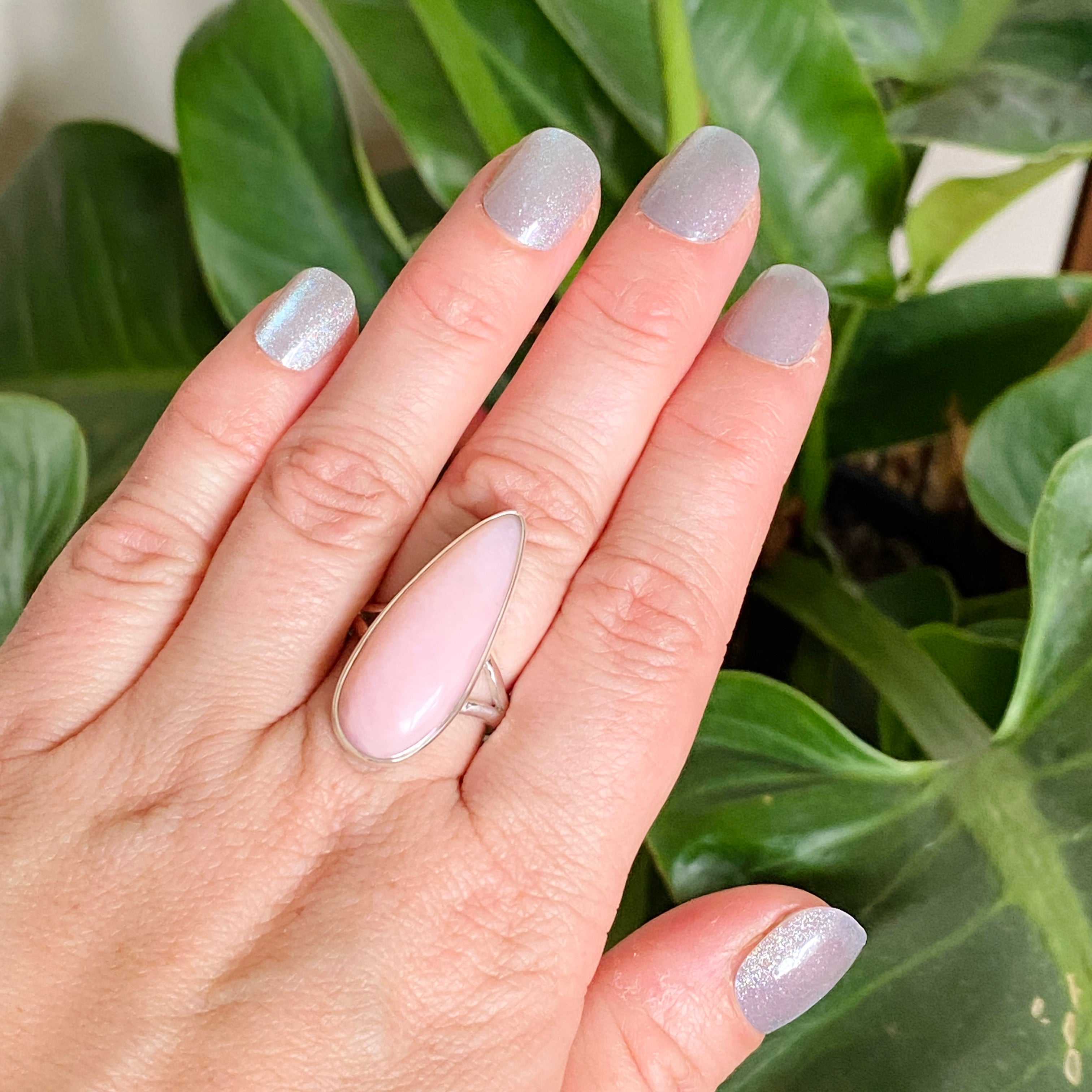 Pink Opal Teardrop Cabochon Split Band Ring - Size 8 KRGJ3308 - Elegant Boho Jewelry for Women, Perfect for Weddings, Parties & Everyday Wear