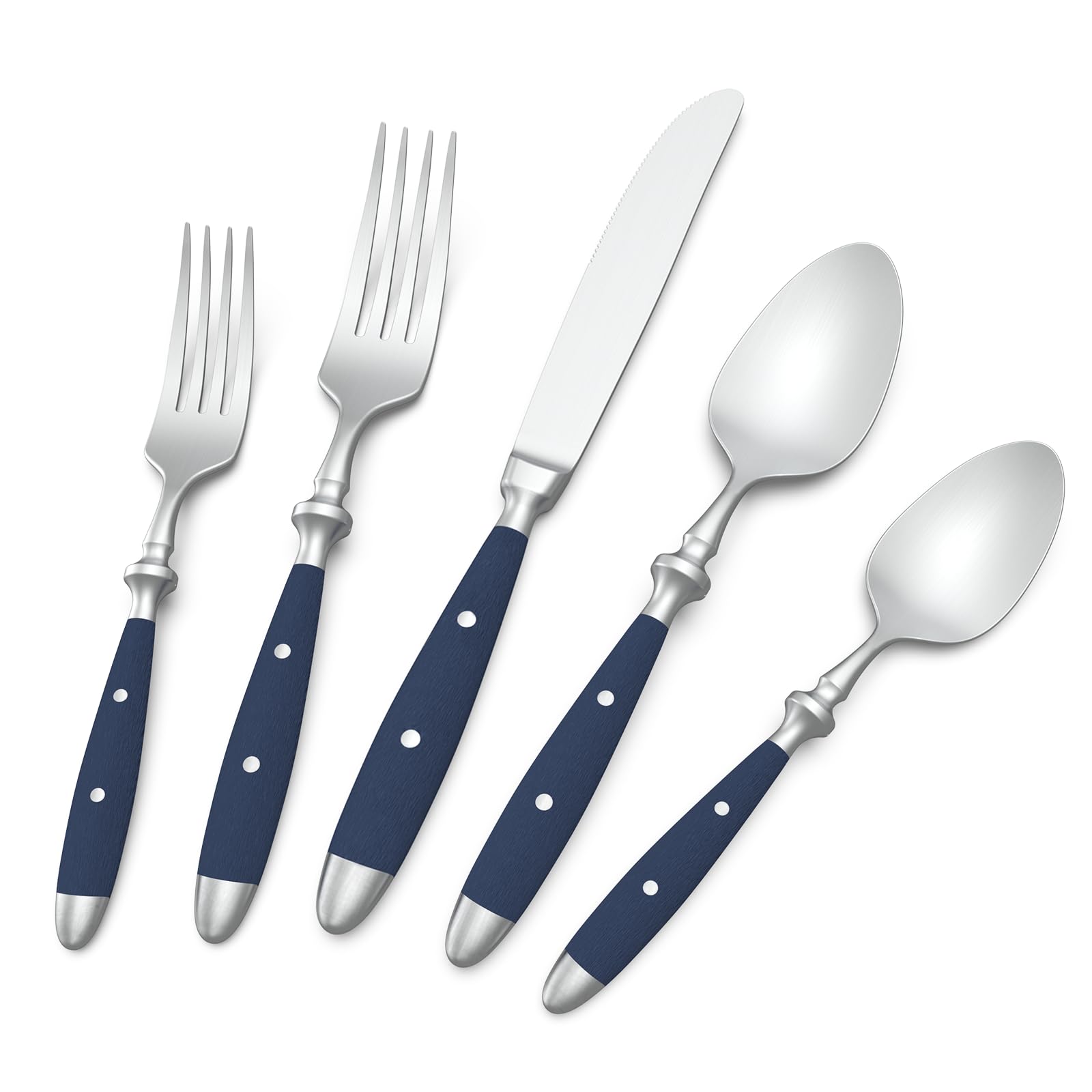 18/10 Stainless Steel 20-Piece Silverware Flatware Set with Brushed Finish & Navy Blue POM Handles - Dishwasher Safe, Service for 4 - Elegant Cutlery Set for Home, Restaurant & Everyday Dining
