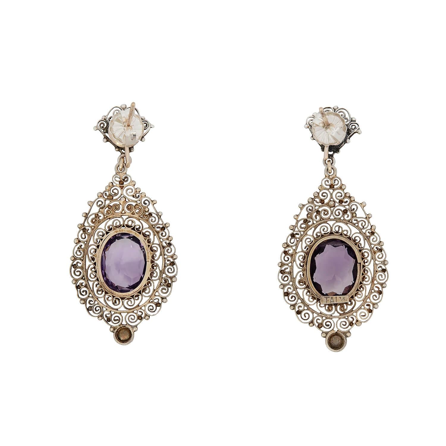 Antique Edwardian Italian Silver Gilt Amethyst Drop Earrings - Vintage Jewelry for Women, Wedding, Party & Special Occasions