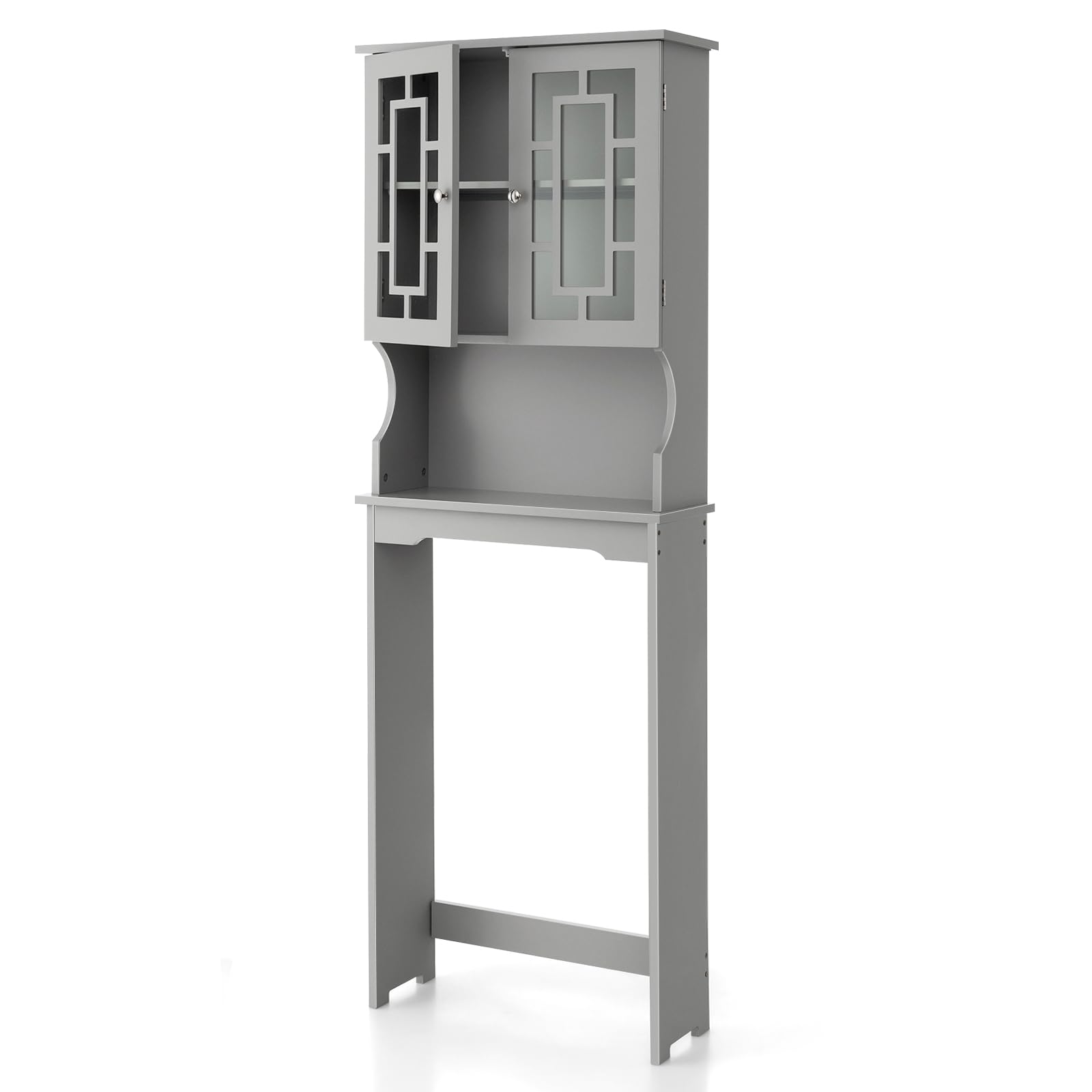 Over The Toilet Storage Cabinet - Wooden Bathroom Organizer with Adjustable Shelves, Double Doors & Open Storage - Space Saving Freestanding Toilet Rack Unit (Gray) - Perfect for Small Bathrooms, Apartments & Dorm Rooms