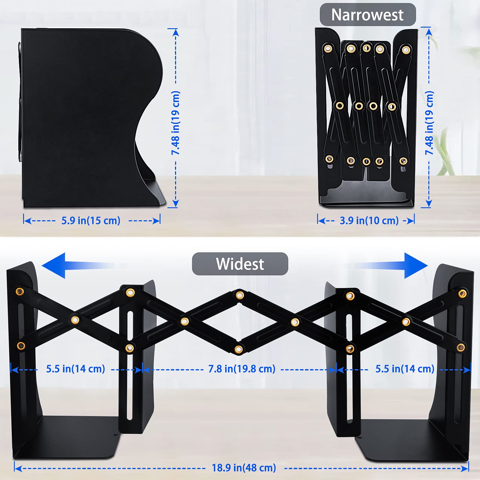 Non-Slip Metal Bookends for Home & Office - Carooyac Adjustable Heavy Duty Book Holder, Kids Bookshelf Organizer & Magazine Stand - Perfect for Desks, Shelves & Study Rooms