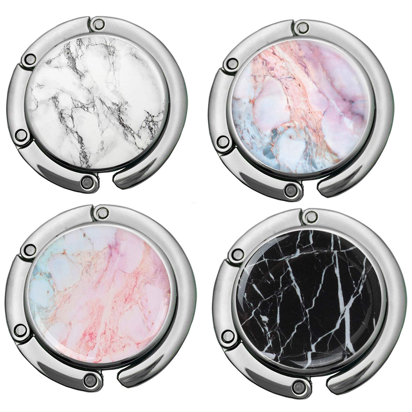 Foldable Purse Hooks for Women - 4 Pack Marble Design Bag Hangers for Table, Desk & Restaurant Use - Perfect for Hanging Handbags, Totes & Shopping Bags While Dining or Traveling