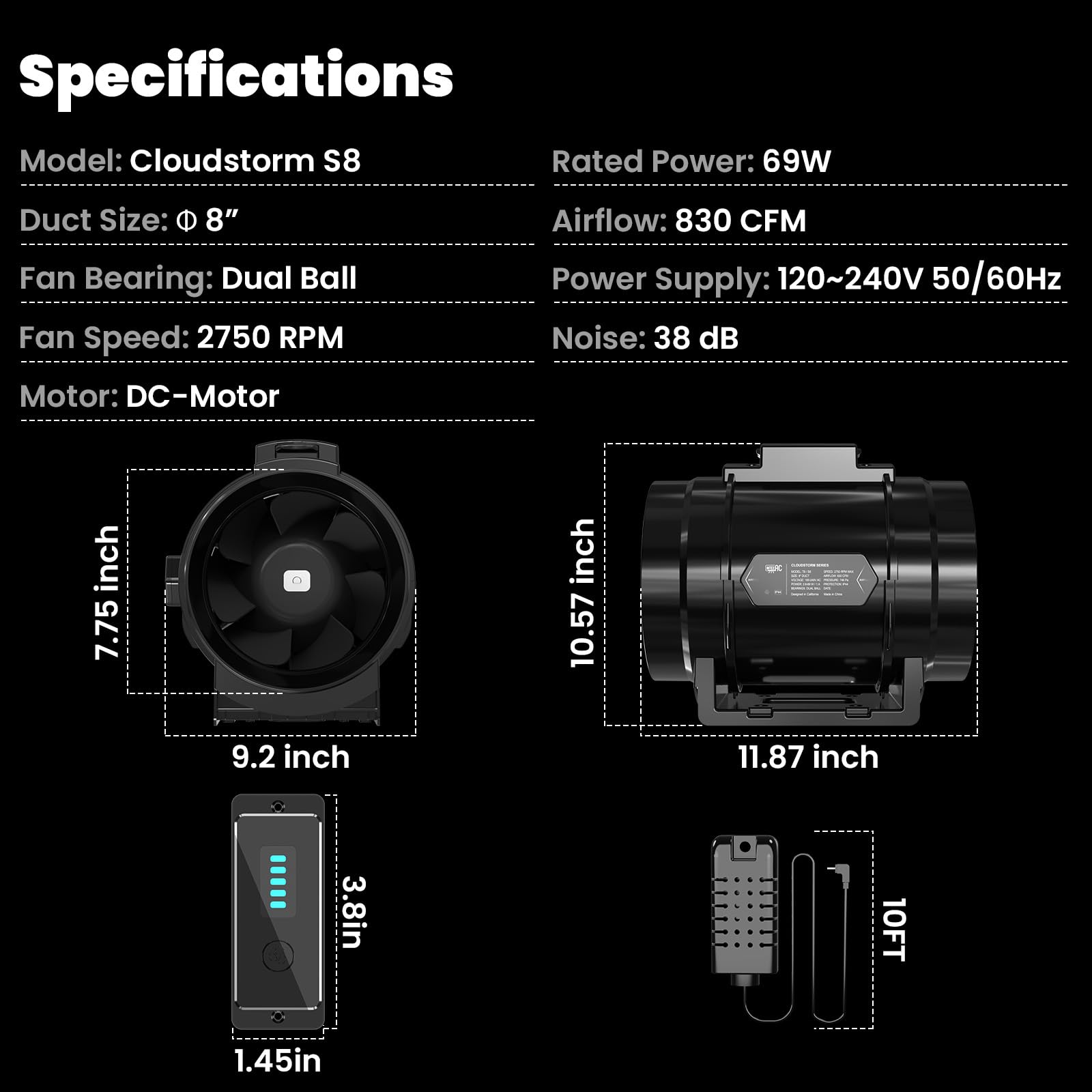 8-Inch Quiet Inline Fan with Speed Controller - Ventilation & Exhaust Fan for Heating, Cooling, Grow Tents, Hydroponics - Perfect for Home Greenhouses & Indoor Gardening (CloudStorm S8)