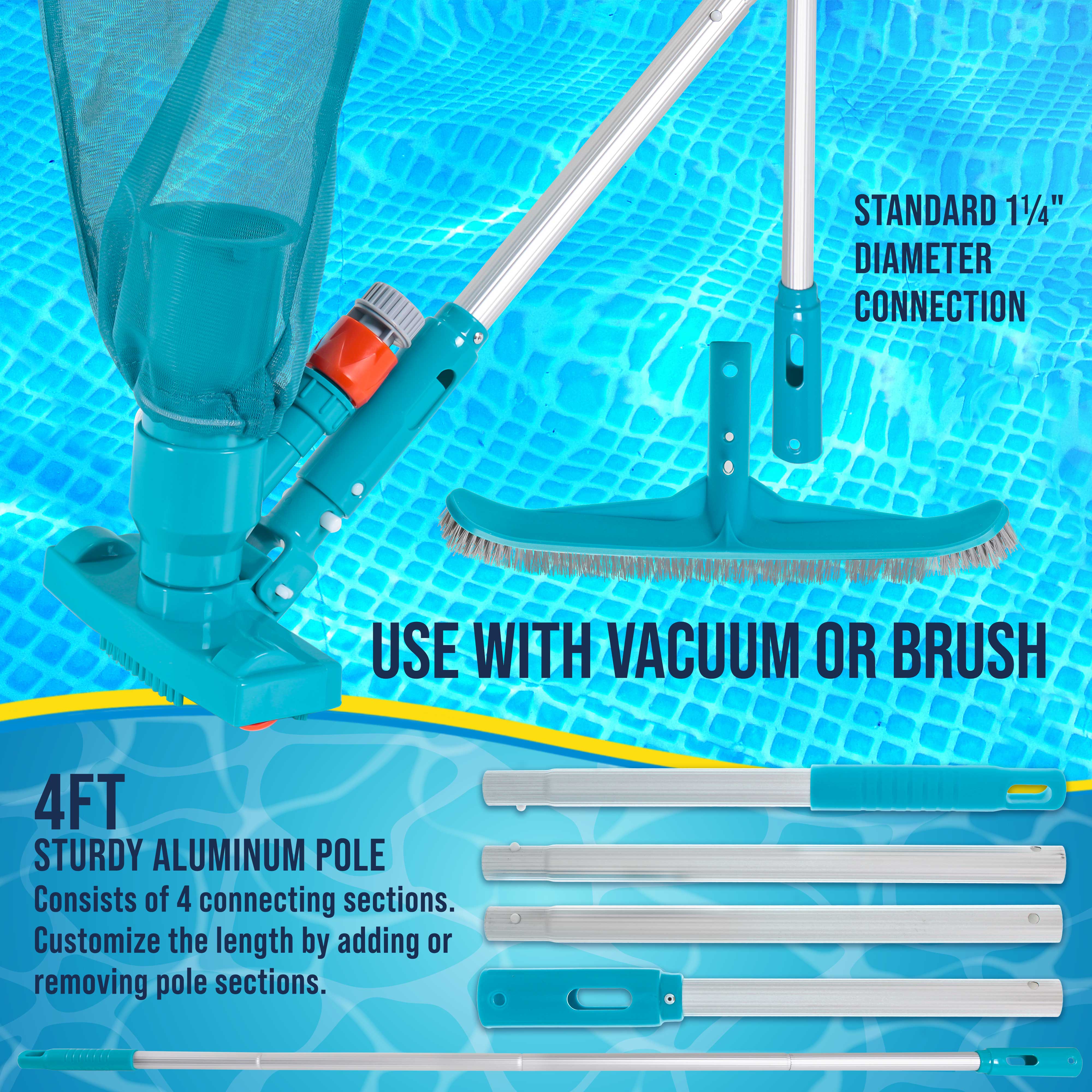 Premium Swimming Pool Maintenance Kit with Deluxe Jet Vacuum, 16-inch Floor & Wall Scrub Brush, Adjustable Telescopic Pole | Efficient Pool Cleaning for Inground & Above Ground Pools | Remove Leaves, Dirt & Debris Easily