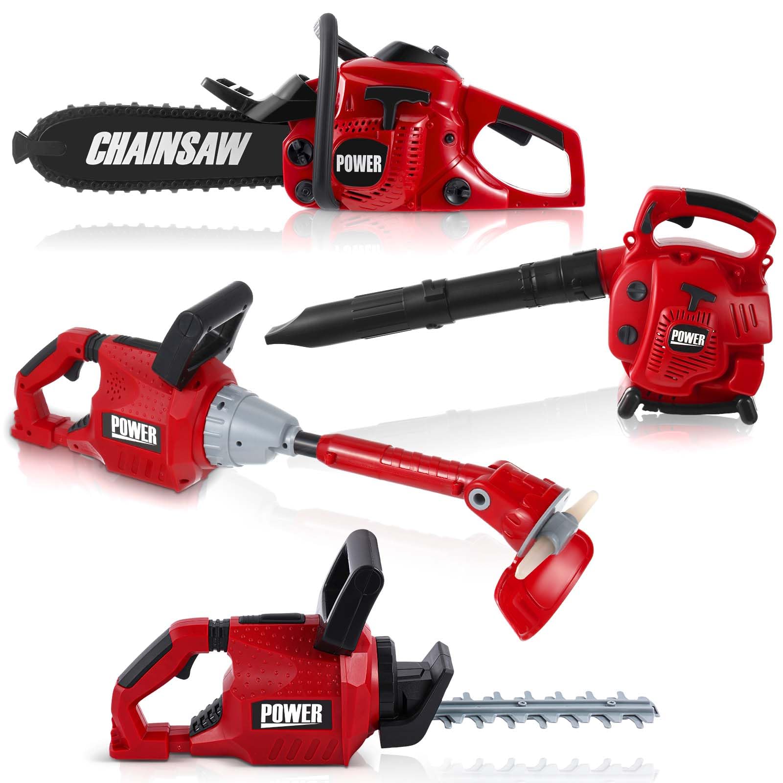 4-Piece Kids Gardening Tool Set - Toy Leaf Blower, Lawn Trimmer, Chainsaw & Lawn Cutter with Battery - Pretend Play Outdoor Toys for Boys & Girls - Perfect for Christmas Gifts, Birthday Parties & Backyard Fun