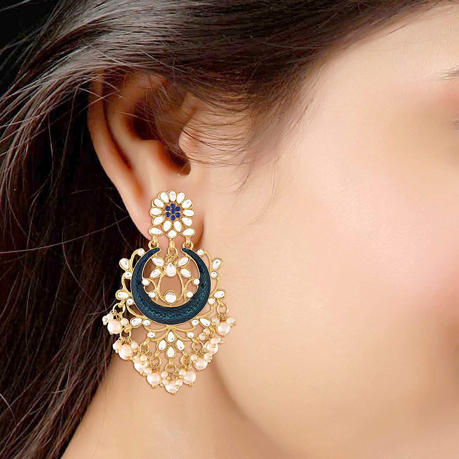 Exquisite Handcrafted Gold Plated Indian Wedding Earrings – Blue Meenakari Kundan & Pearl Bridal Jewelry for Bollywood & Traditional Occasions (E2794) | Perfect for Weddings, Festivals, Cultural Events & Special Celebrations