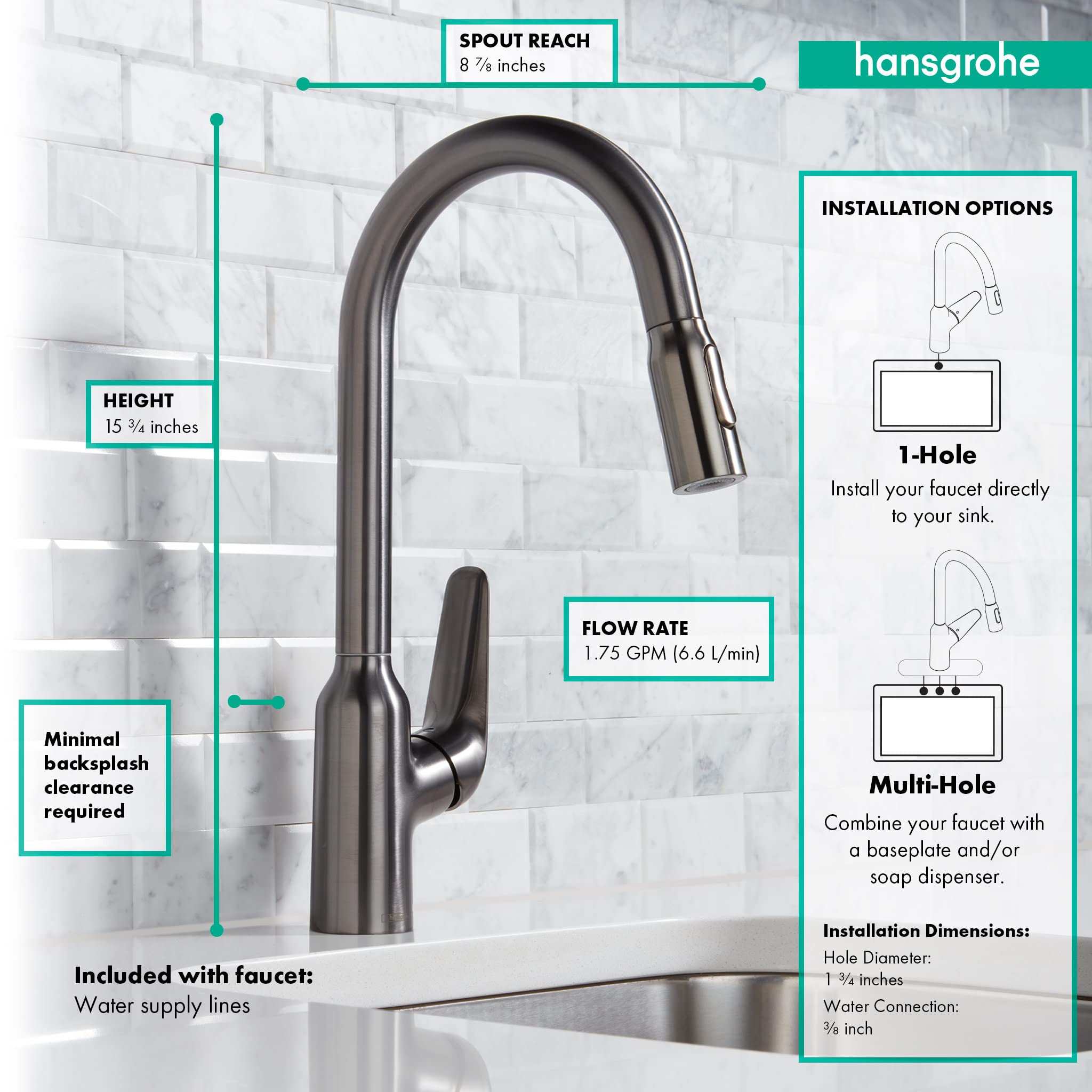 Hansgrohe Focus N Black High Arc Kitchen Faucet with Pull Down Sprayer - Brushed Black Chrome Finish (Model 71800341) - Perfect for Modern Kitchens, Dishwashing & Food Prep