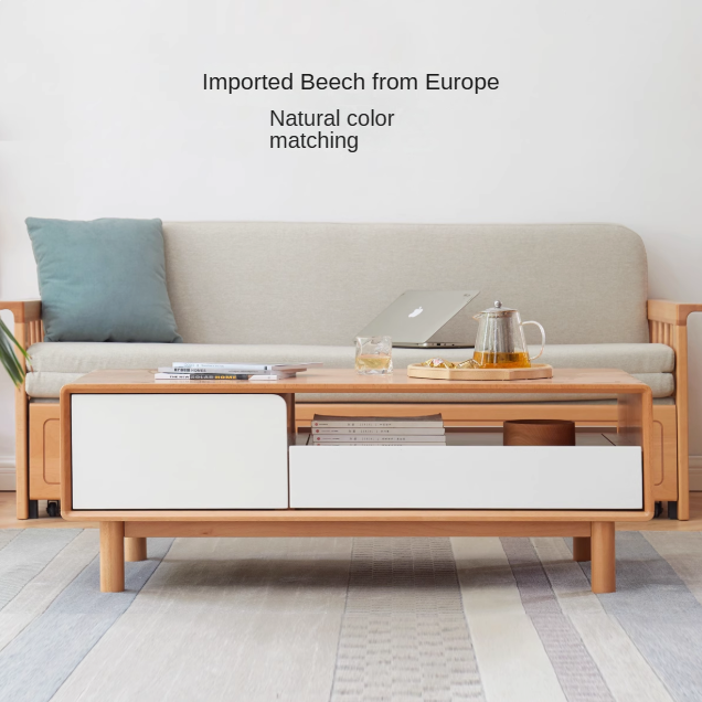 Solid Beech Wood Coffee Table - Rustic Warm Brown Finish for Living Room, Lounge & Home Decor