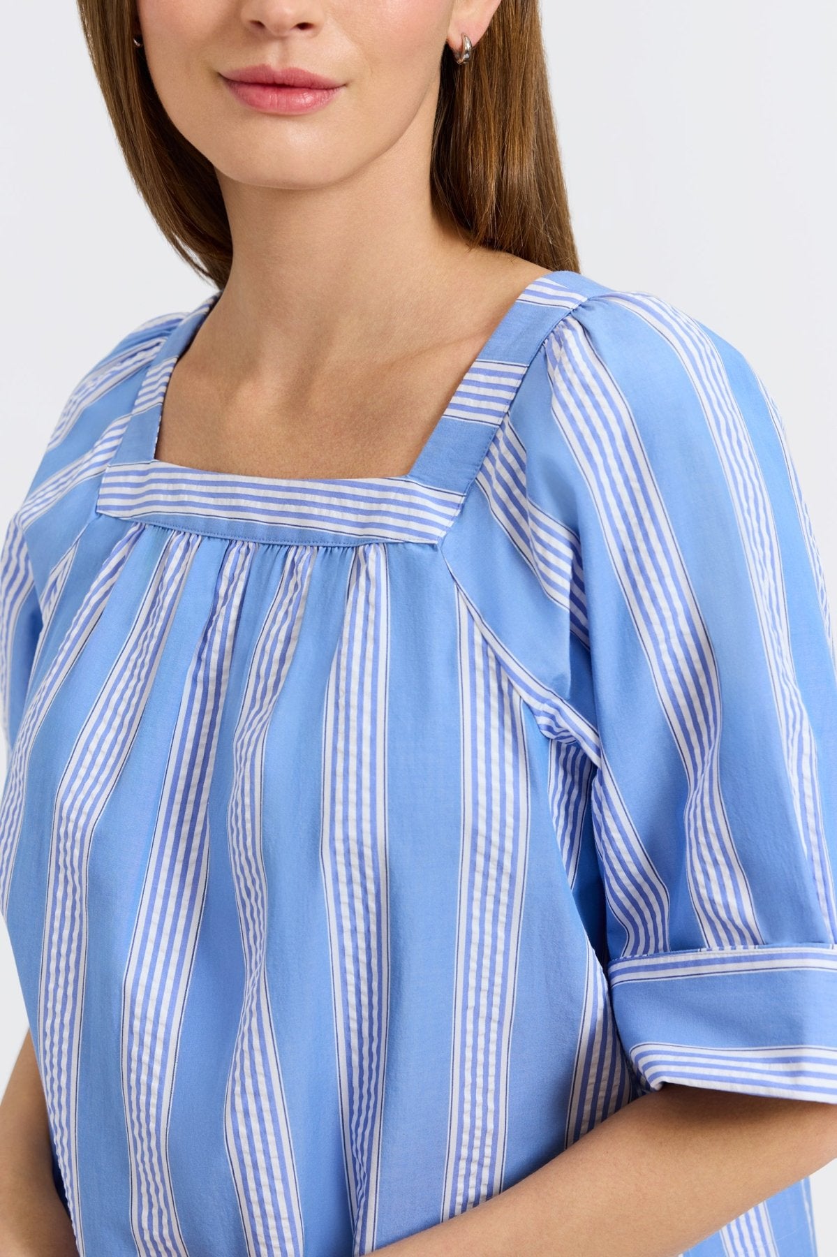Violet Seersucker Striped Short Sleeve Popover Shirt for Women - Casual Summer Beachwear & Outdoor Activities