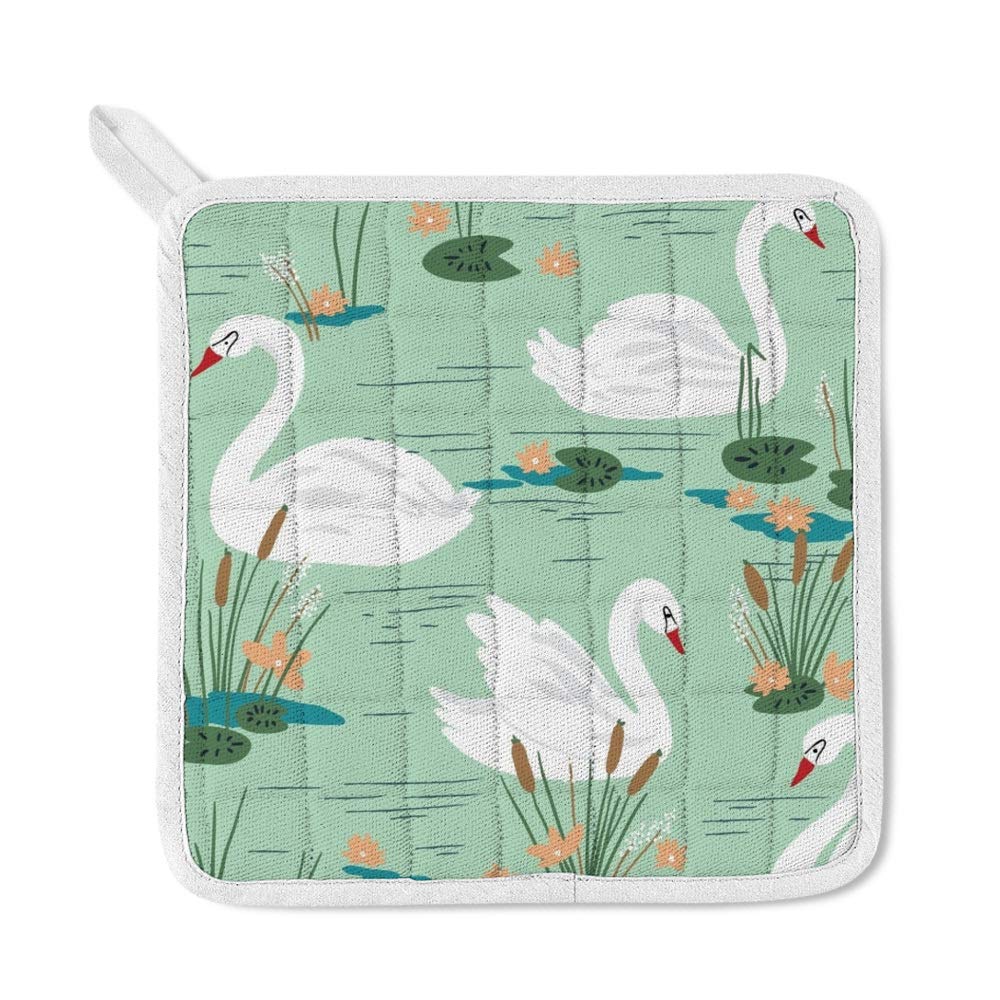 Heat Resistant Oven Mitts & Potholder Set - 3Pcs Polyester Insulated Kitchen Gloves with Non-Slip Grip for Baking, Cooking, BBQ - Beautiful Swans Design - Perfect for Home Kitchen, Grilling & Holiday Baking