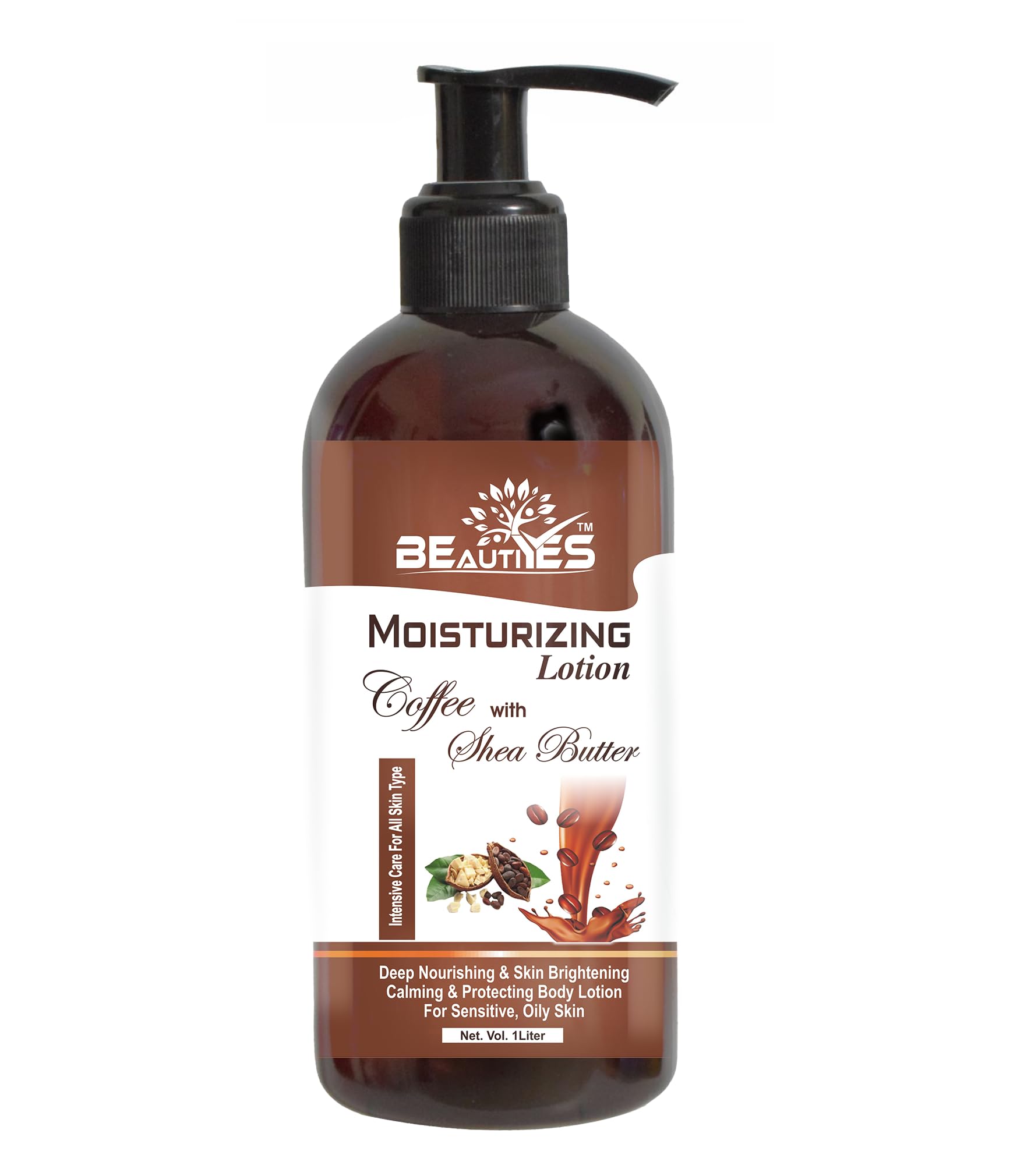 Beautiyes Shea Butter Coffee Face Moisturizing Lotion - 1 Liter Deep Hydration for Dry, Sensitive & All Skin Types | Pack of 1 | Daily Skincare Routine & Night Cream for Soft, Glowing Skin