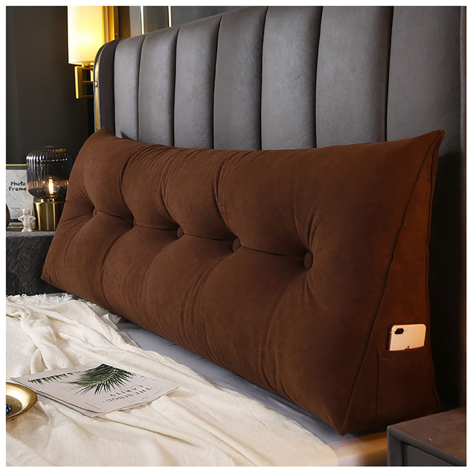 FISIYINDZ Rectangular Headboard Body Reading Pillow - Wedge Support Pillow with Removable Cover for Back Support (Brown, 59 Inch) - Perfect for Reading in Bed, Daybeds, Bunk Beds and Relaxing