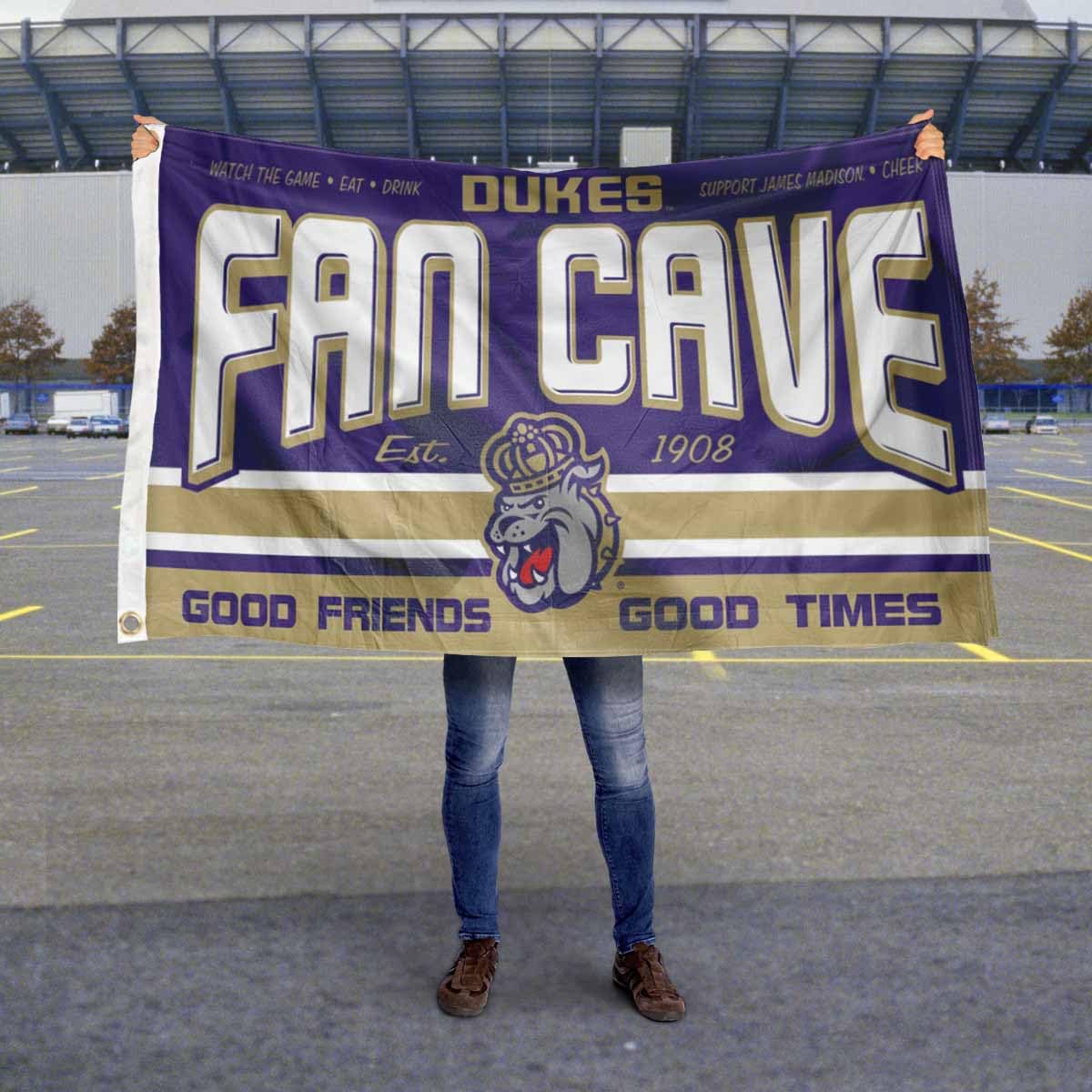James Madison Dukes Fan Man Cave Banner Flag - College Sports Decor for Game Room, Tailgate Party & Home Office - Durable Polyester with Grommets for Indoor/Outdoor Use