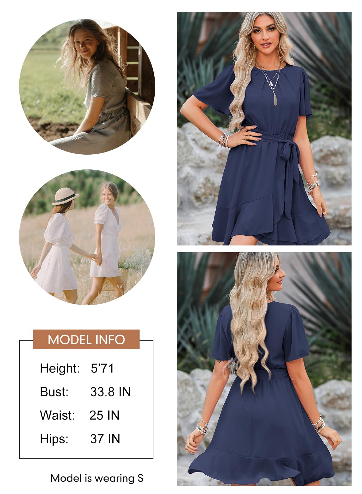 Dokotoo Women's Summer Dress 2025 - Crewneck Short Sleeve Chiffon A-Line Mini Dress with Waist Tie & Ruffle Detail | Casual Swing Dress for Beach, Party & Everyday Wear