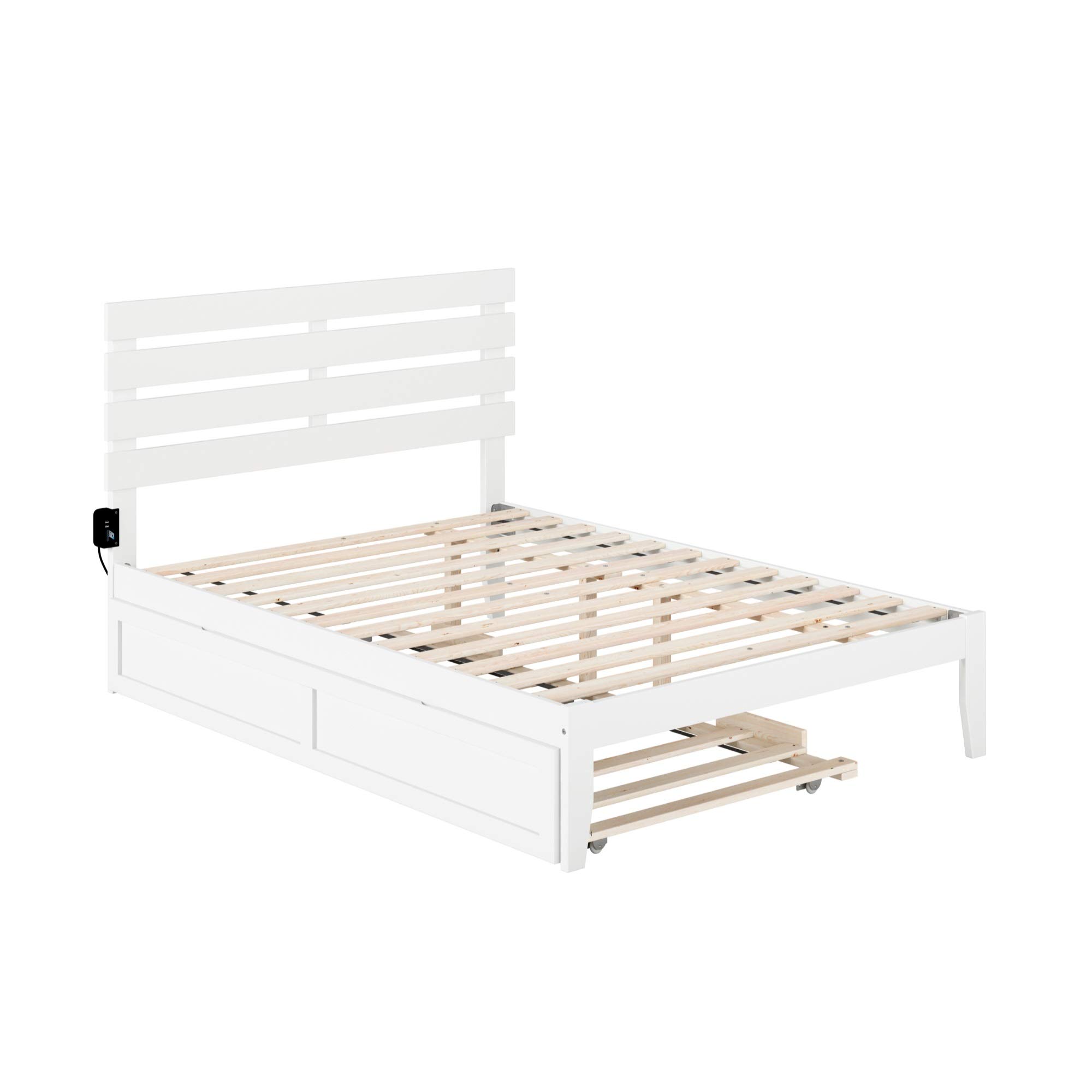 AFI Oxford Full Size Platform Bed with Twin Trundle & USB Charging Station - White Modern Bed Frame for Small Spaces, Guest Rooms & Kids' Bedrooms