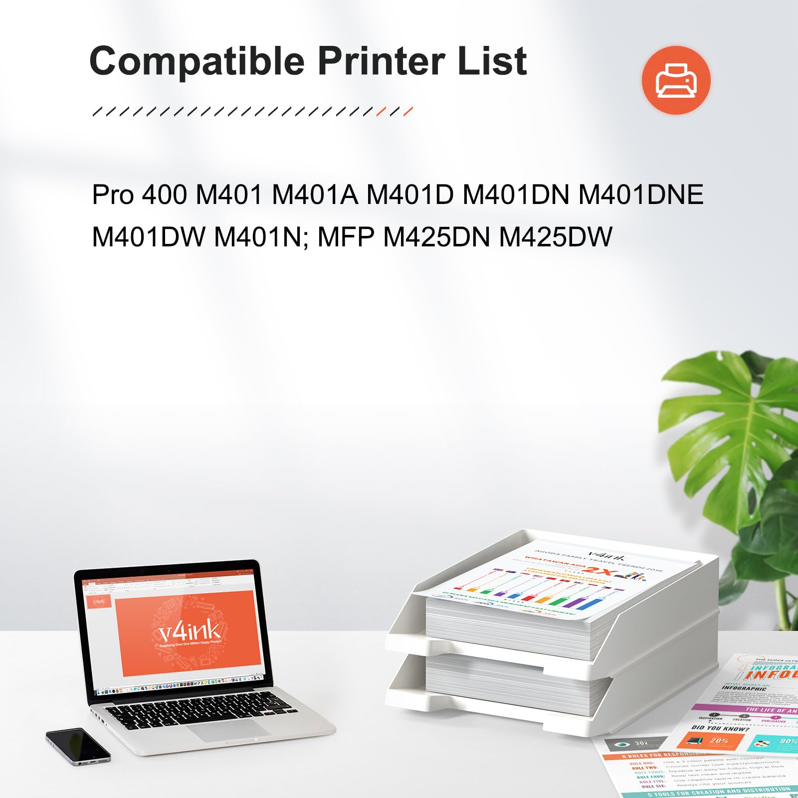 V4INK 2-Pack HP 80A CF280A Compatible Black Toner Cartridge Replacement for HP Laserjet Pro 400 M401N M401DN M401DNE M401DW & LJ Pro 400 MFP M425DN M425DW Printers - High Yield Printing for Office & Home Use