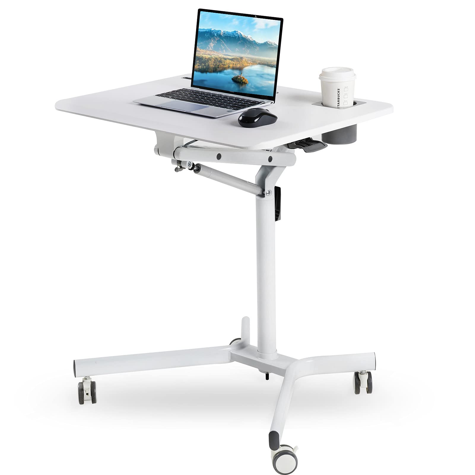 Adjustable Mobile Sit Stand Desk with Wheels - White Height Adjustable Rolling Laptop Workstation with Gas Spring Riser for Home Office, Classroom & Dorm | Portable Standing Desk for Work, Study & Video Calls
