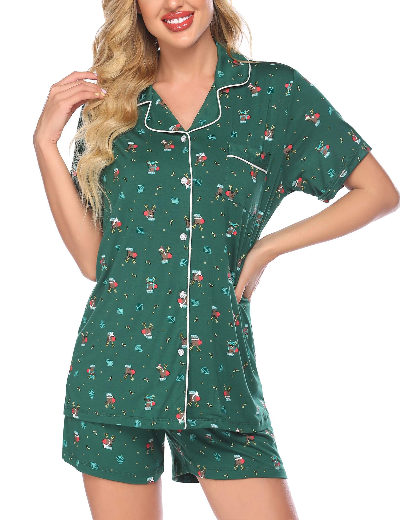 Ekouaer Women's Short Sleeve Pajama Set - Soft Button Down Sleepwear & Lounge Outfit - Perfect for Relaxing at Home, Sleepovers, and Cozy Nights