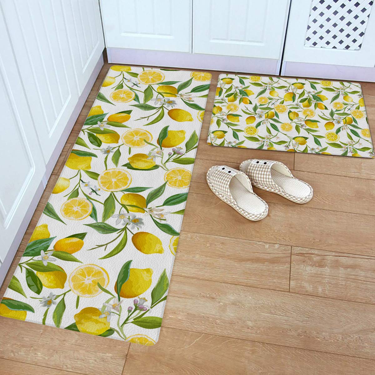Fresh Lemon Print Non-Slip Kitchen Rugs Set of 2 - 18