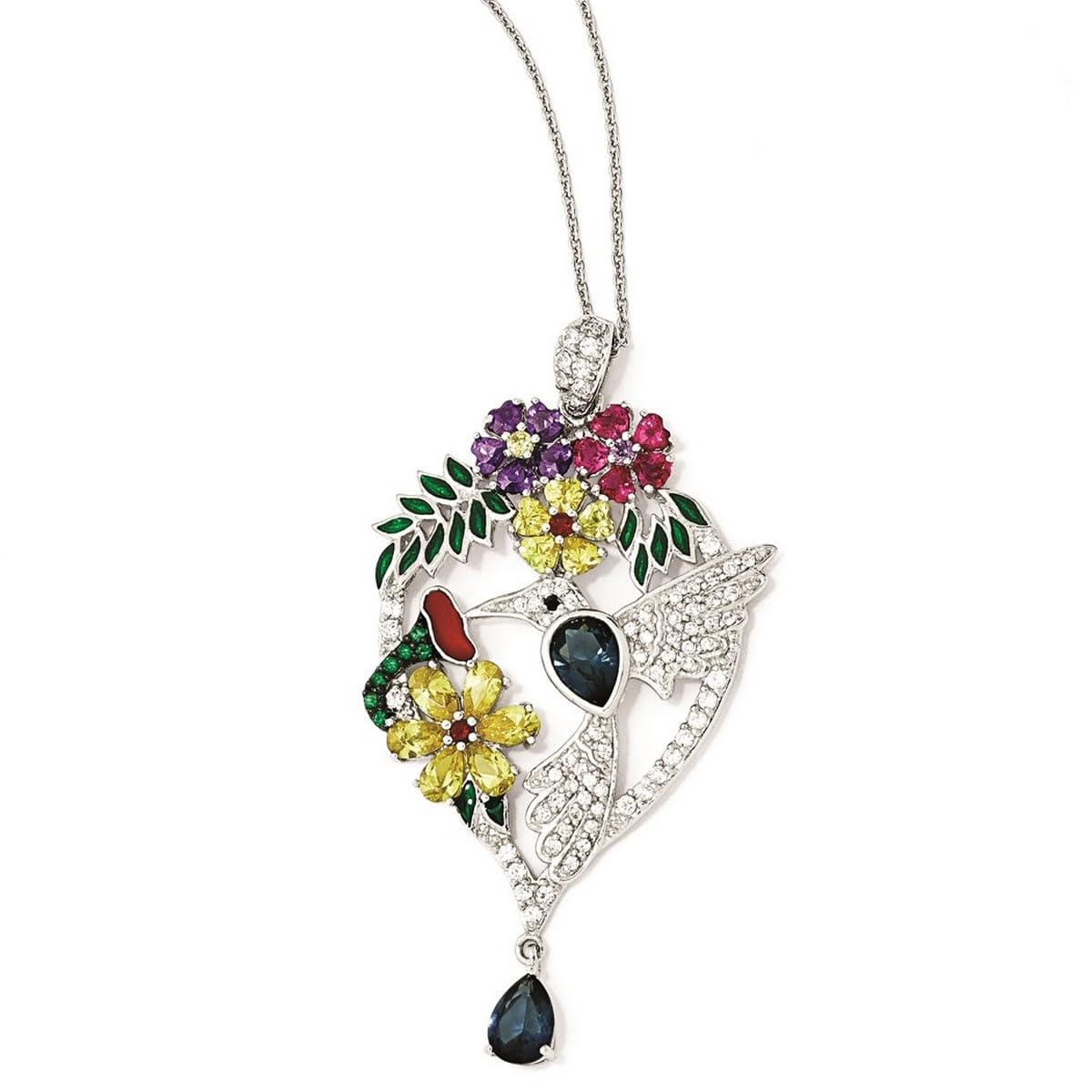 925 Sterling Silver Hummingbird Pendant Necklace with Lobster Clasp, Enamel & Cubic Zirconia - 18